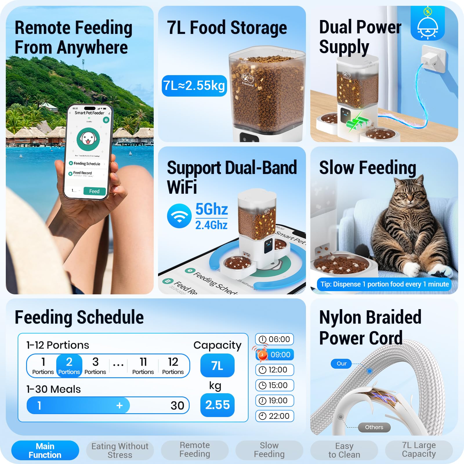 Frienhund Distributore Automatico Cibo Gatti Doppio App: 5G WiFi Dispenser Crocchette Gatto Con Alimentazione Lenta, 7L Dispenser Crocchette Gatto 2 Ciotole, Distributore Cibo Cani (ACF190W-C)