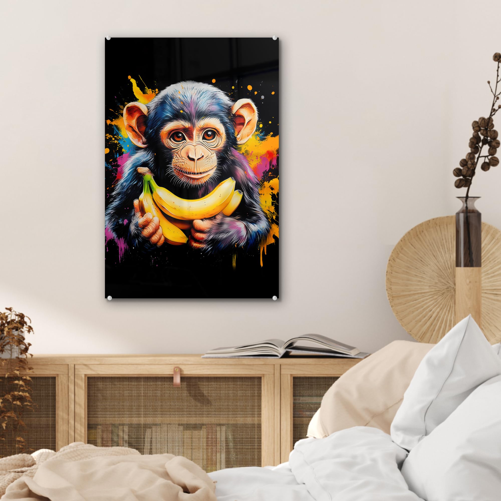 MuchoWow© Bild auf Glas 40x60 cm Schlafzimmer Bilder Badezimmer Wand Deko Wohnzimmer Modern Wanddeko Bilderwand Geschenk Affe - Graffiti - Bunt - Bananen - Modern
