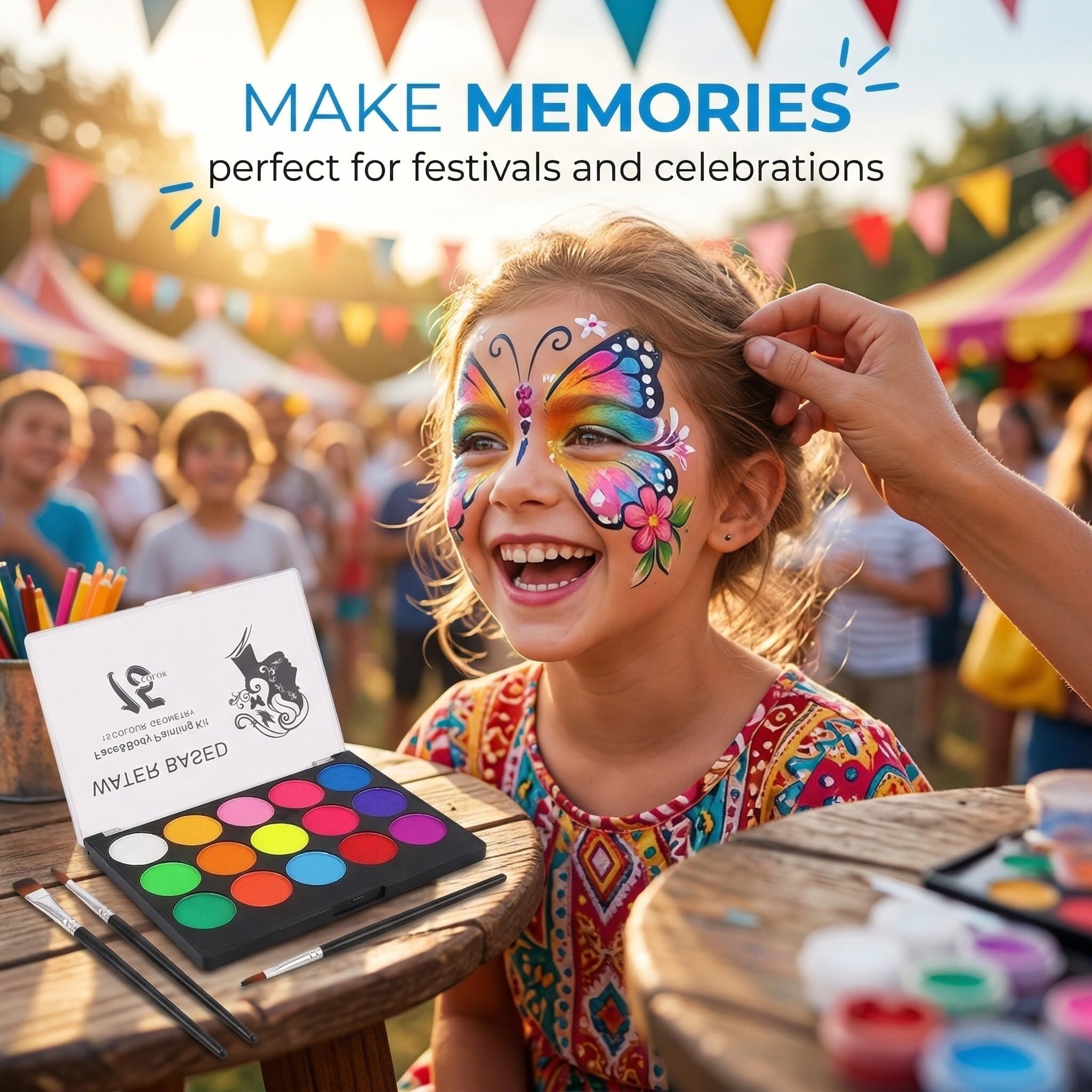 Set de Maquillage pour Enfants, 15 Couleurs, Palette Enfant Body Painting et Carnaval Visage, avec 2 Pinceaux Maquillages, pour Halloween, Noël, Carnaval, Soirées à Thème, Fête d'anniversaire