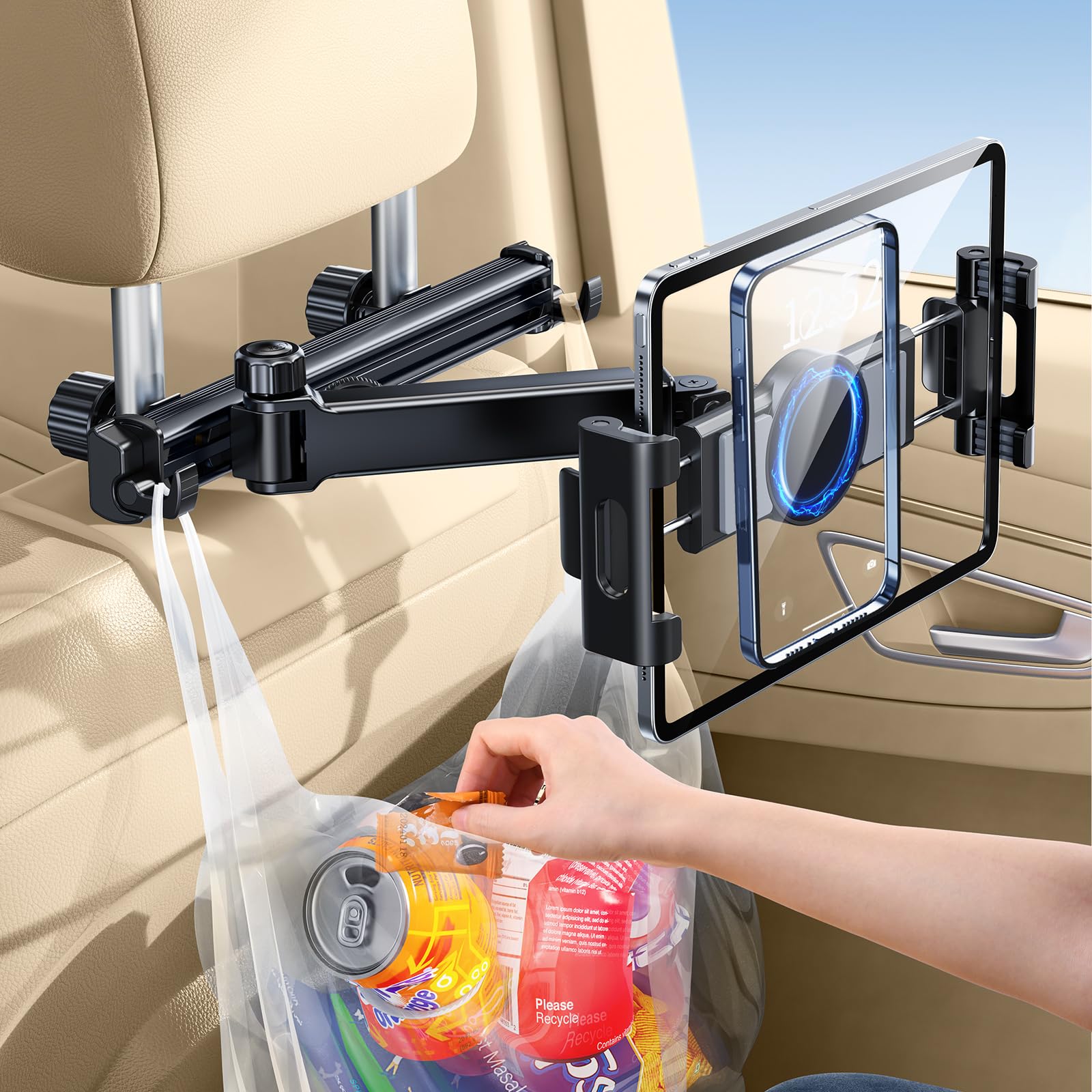 HIYJEN 3 in 1 Extension Arm Tablet Holder for Car Headrest with Magnetic Phone Mount Compatible with Magsafe, Adjustable iPad Holder for Car Backseat Rear Facing for Kids Baby, Fit for 4.7