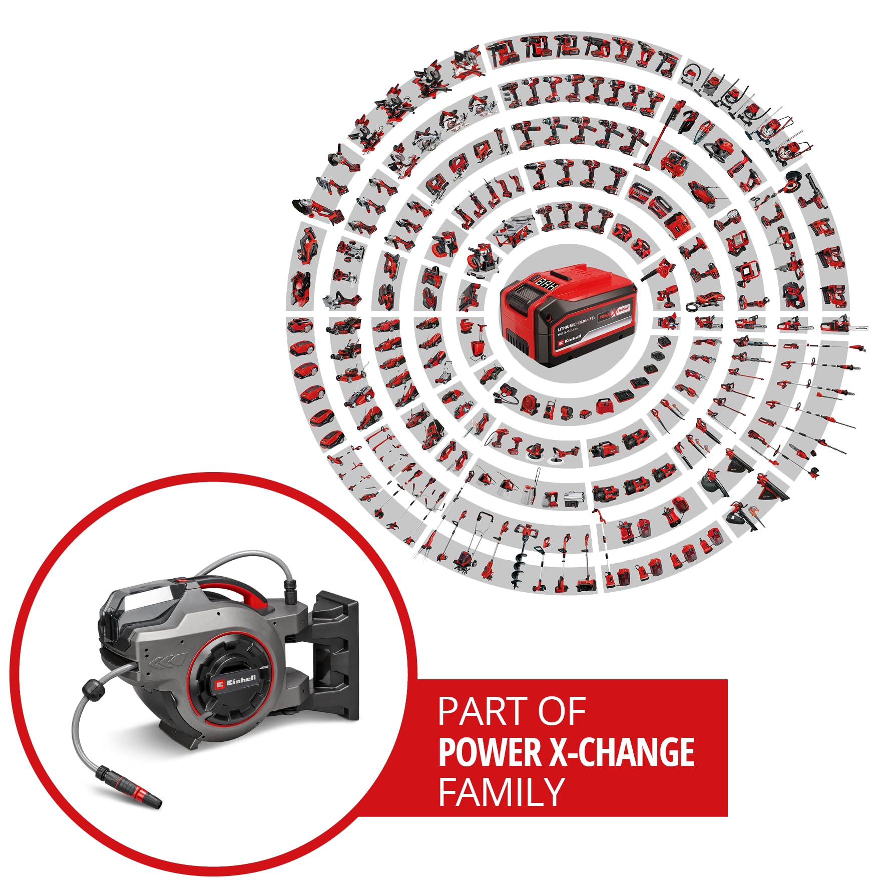 Einhell Tambor de manguera con batería GE-HR 18/30-1 Li-Solo Power X-Change (18 V, enrollado automático de manguera, pivotable hasta 180°, manguera y rociador de jardín de 30 m, sin batería)
