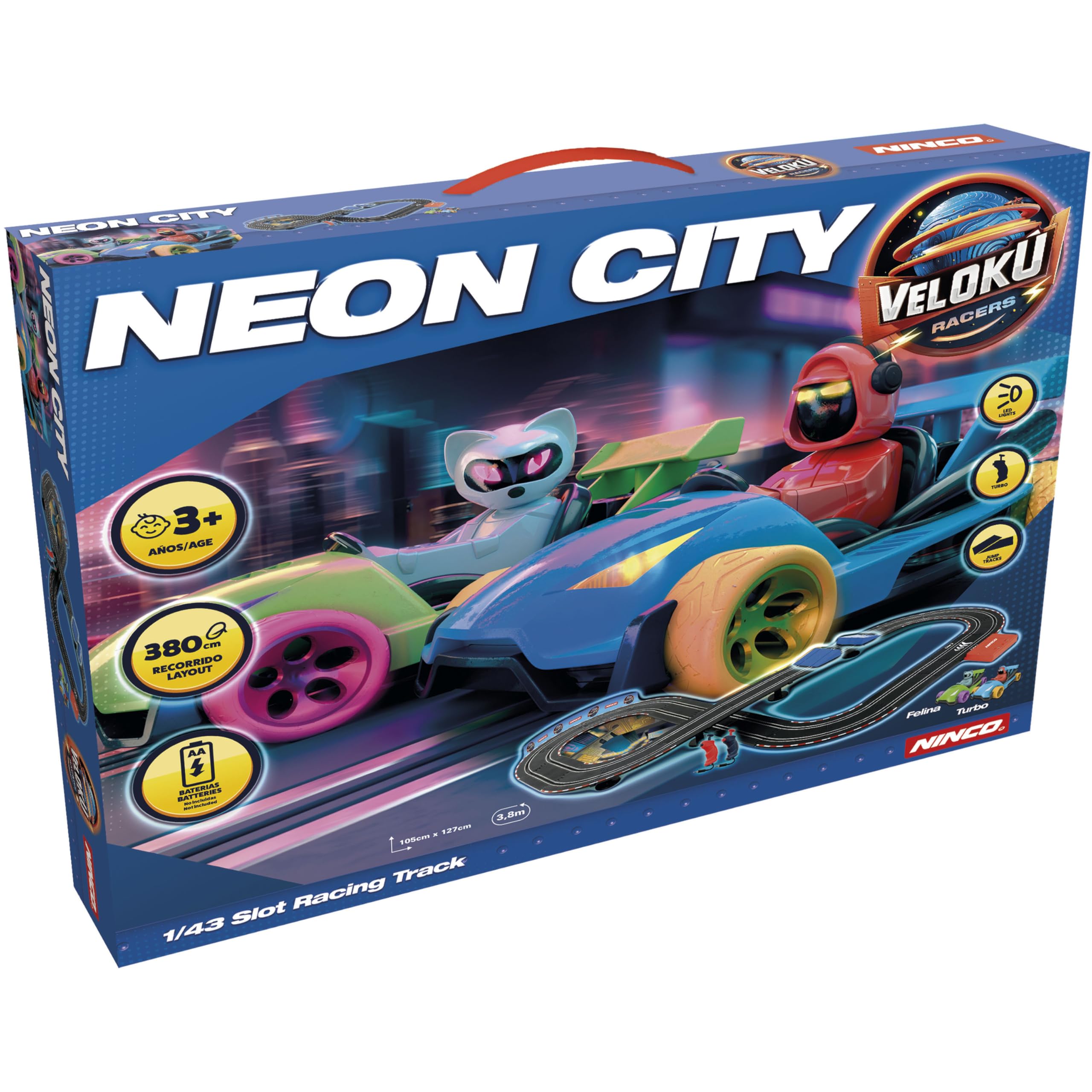 Ninco - Circuito de Slot | Velokú Racers City, Circuito de Coches Infantil con 380 cm de Recorrido, Divertidos vehículos con Luces y 2 Personajes, Diseñado para niños a Partir de 3 años (91021)