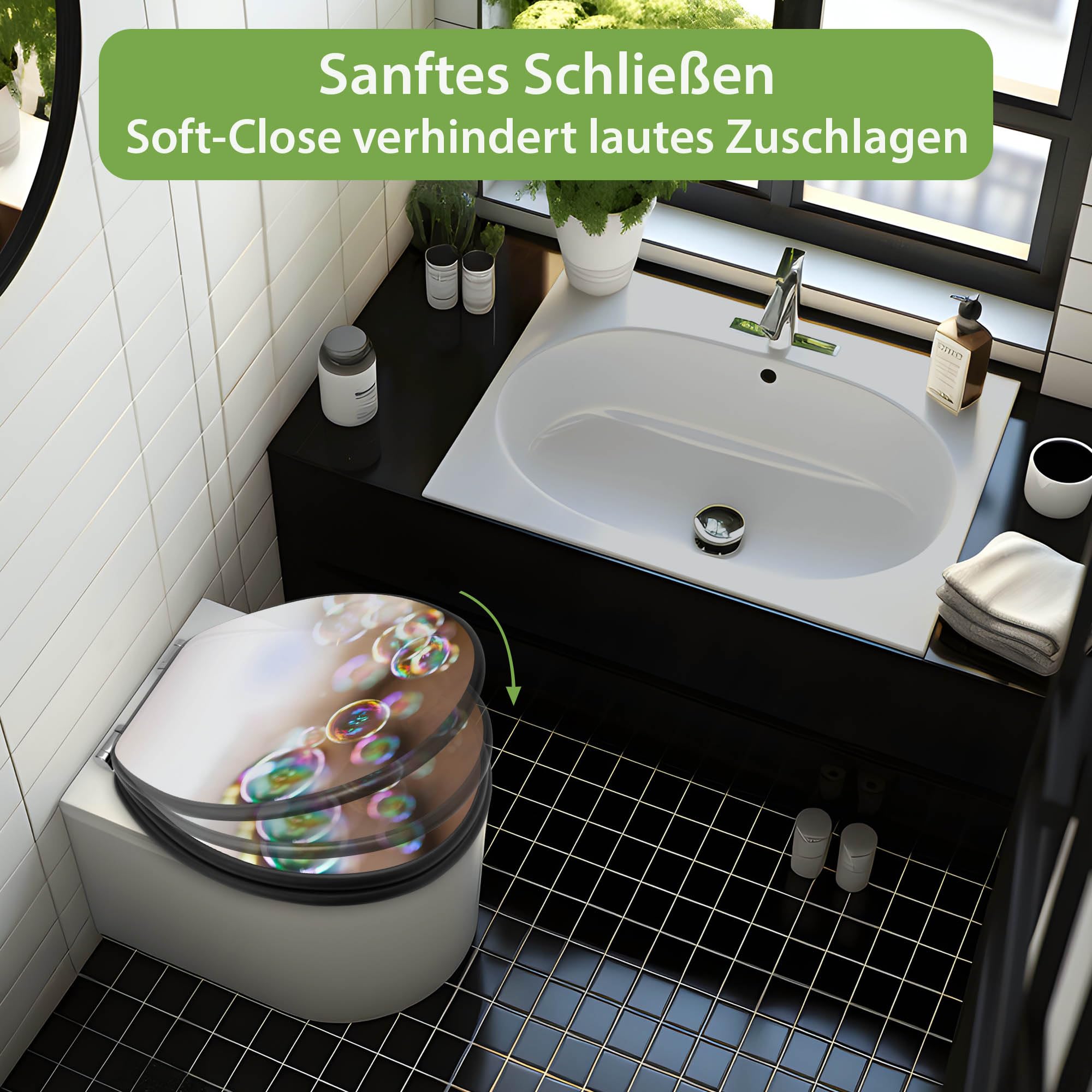 banjado WC Sitz für Kinder - Absenkautomatik leise - 38 x 46,5cm O-Form - MDF Holz Toilettendeckel anthrazit - Klositz grau pflegeleicht für Badkomfort - Motiv Seifenblasen