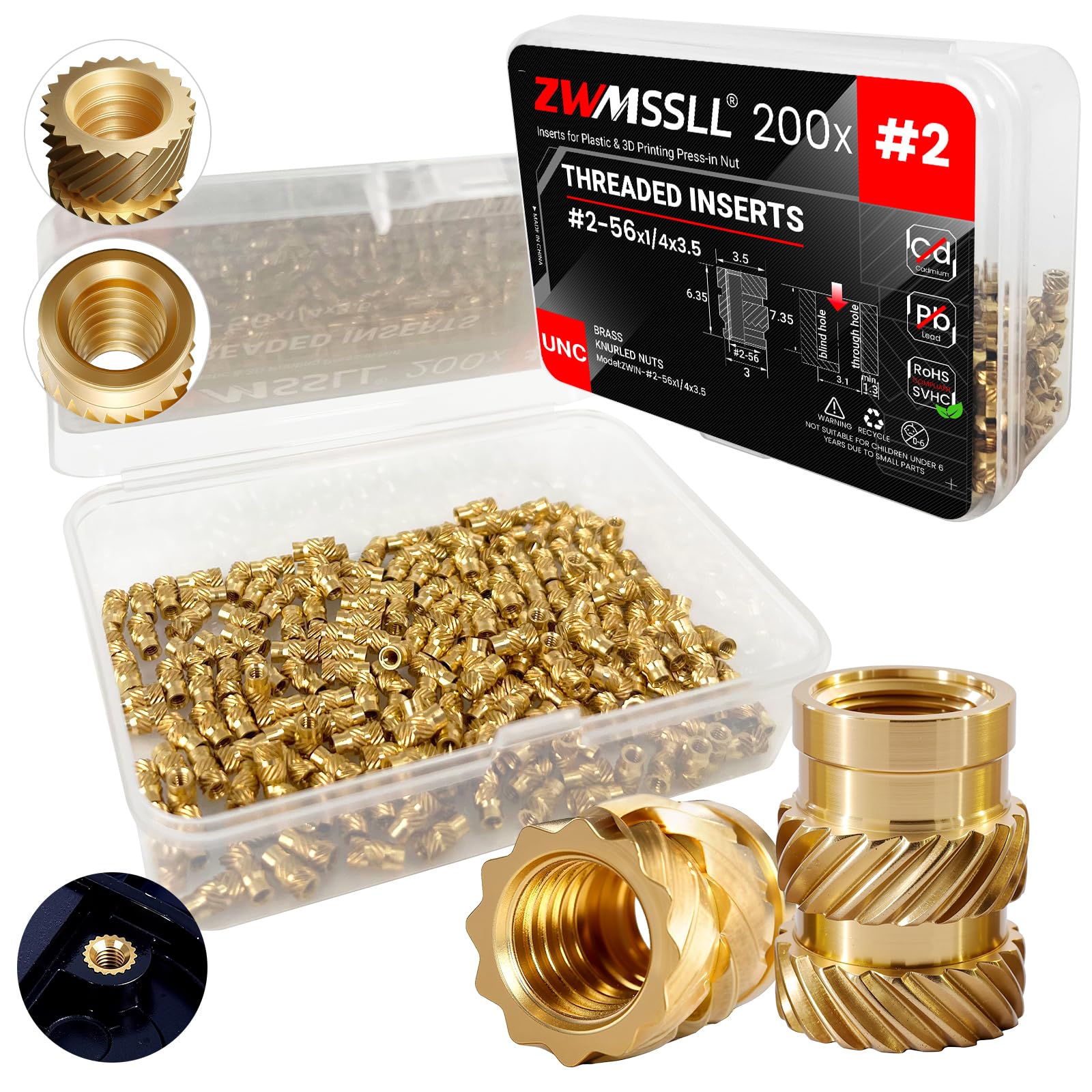 ZWMSSLL 2#-56 Threaded Inserts-200 Pieces 2#-56x1/4x3.5 Heat-Set Insert Brass Knurled Nuts for 3D Printing Components and Plastic Parts
