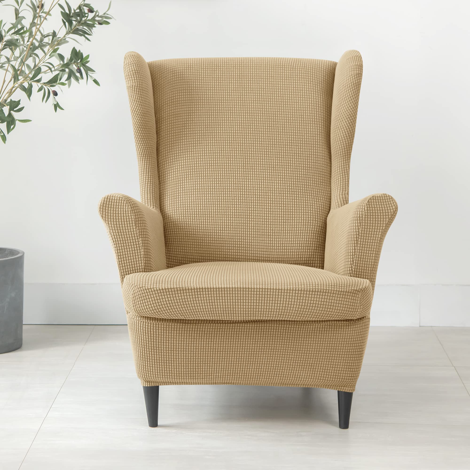 CONRUSER Stretch Wingback Chair Covers, 2 Piece Wing Chair Slipcovers Soft Jacquard Armchair Covers with Elastic Bottom for Living Room Bedroom (Khaki)