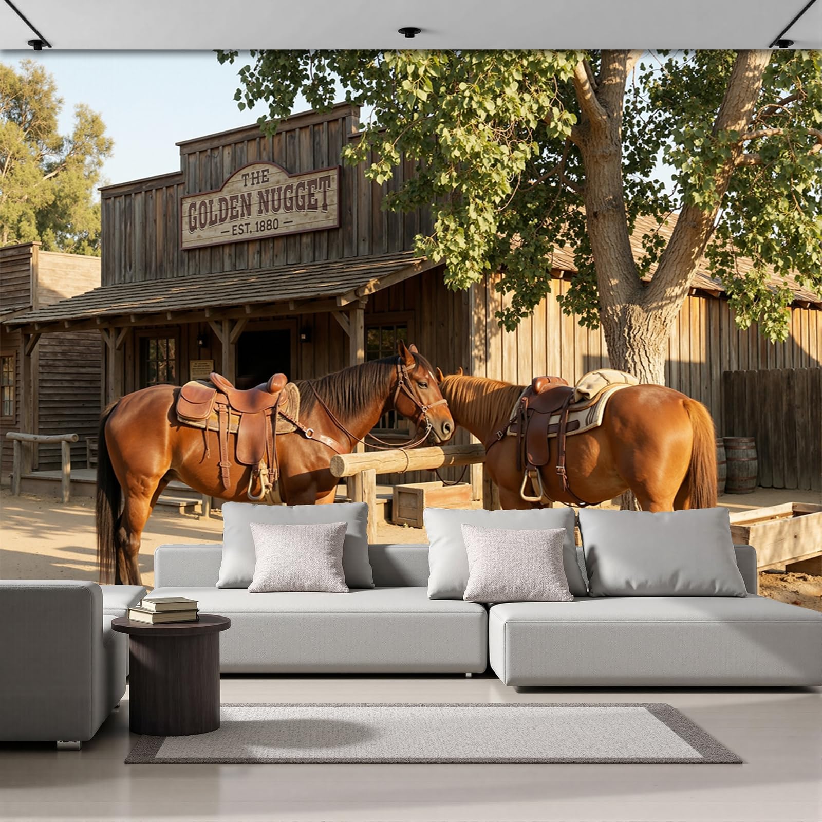Papel tapiz fotográfico Taberna Del Oeste Murales de dormitorio para niños Fondo de Poste Para Atar Caballos Pared Pintado Papel tapiz dormitorio de estar sala sofá mural- 400 x 280cm