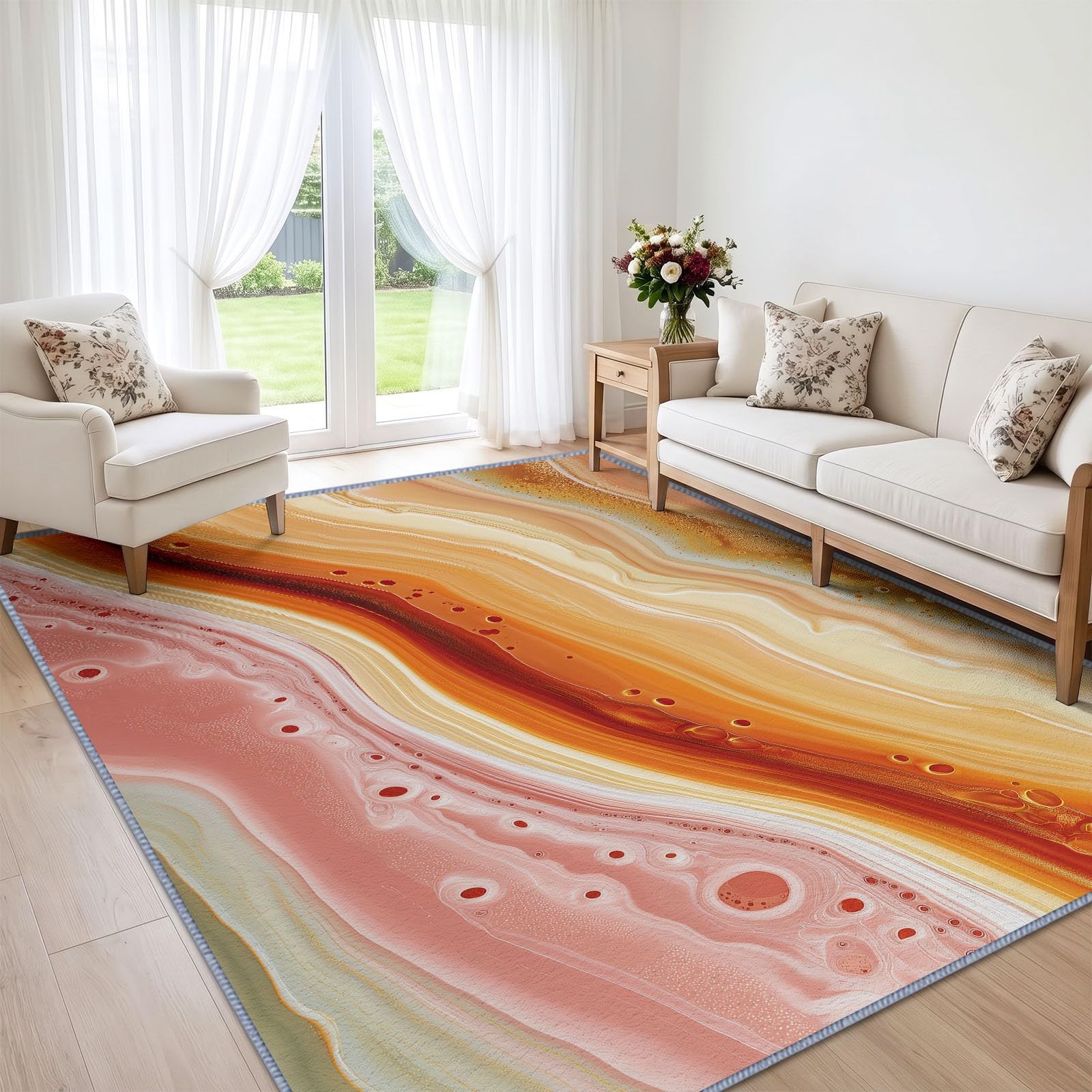 Marbre Moderne 160x230 cm Tapis de Chambre Moquette, Art Abstrait Agate Vague Rayure Lavable Antidérapant Tapis de Salon - Orange Chaud Moquette pour Salle de Séjour Chambre d'enfant Salle de Jeu