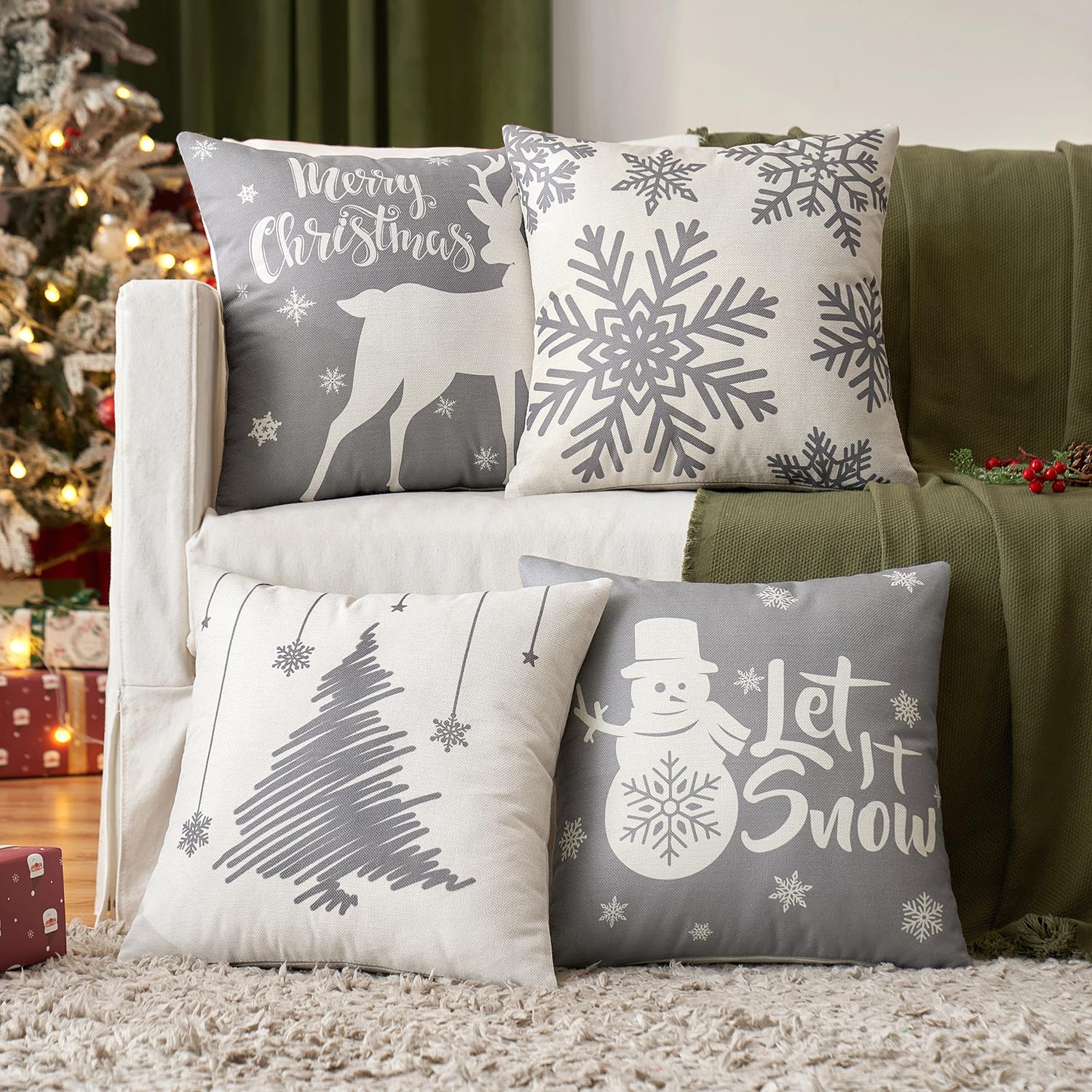 EMEMA Weihnachten Kissenbezug 45x45 cm Samt Sofakissen Dekokissen Kissenhülle Kissenbezüge Couchkissen Kissen Samtkissen Weich Einfarbig Zierkissen für Sofa Wohnzimmer 4er Set Christmas-D