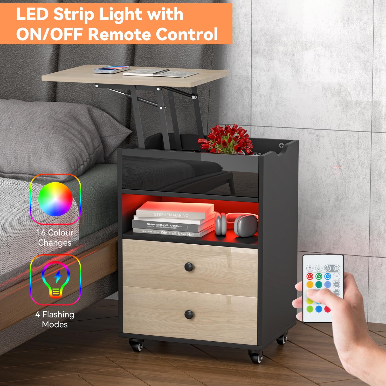 Moho comodino moderno rotondo con ricarica wireless luce LED e 2 cassetti