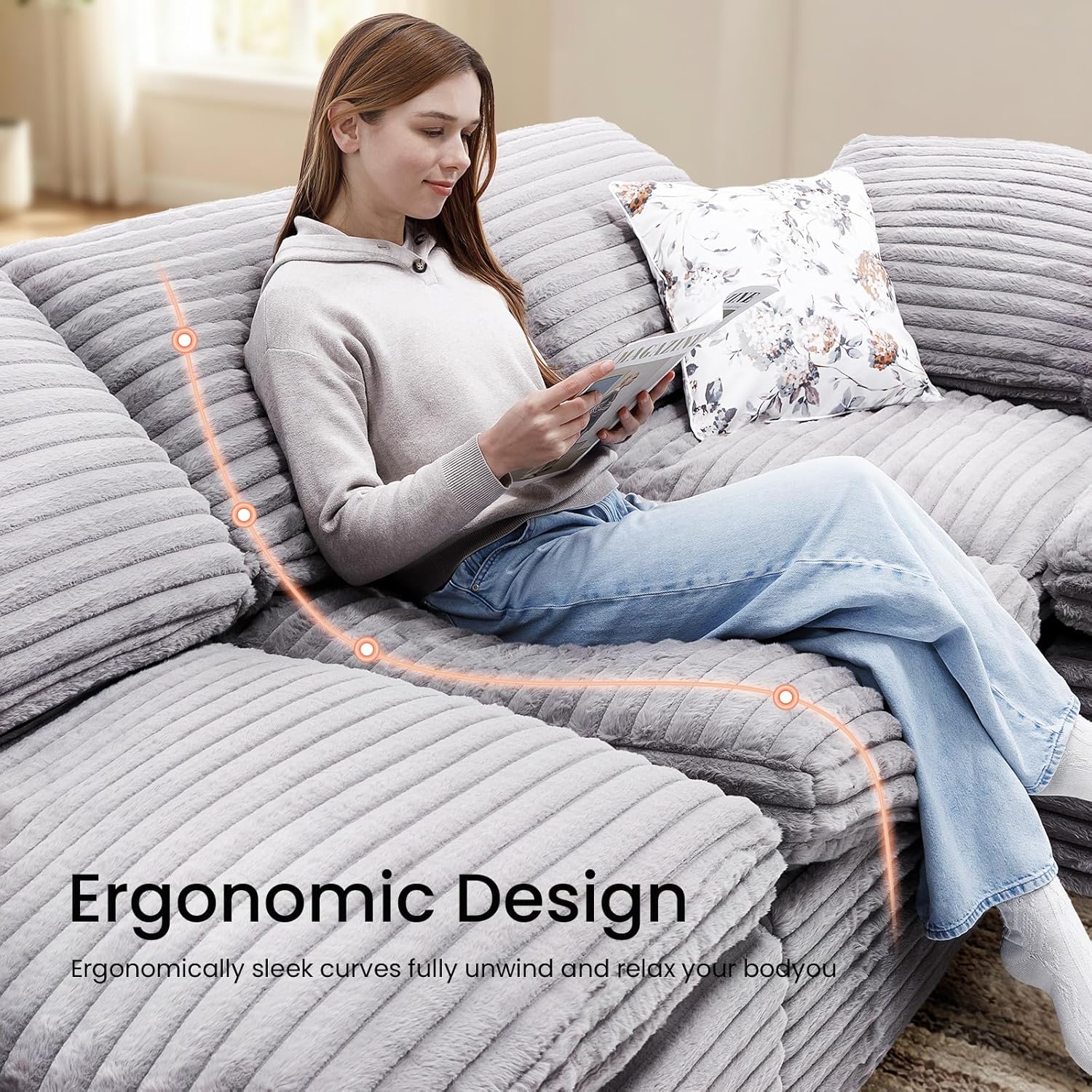 KKL 150" U Shaped Sectional Modular Boneless Sofa, 6 Seater Cloud Couch with Ottoman, Corduroy Sectional Couches for Living Room Bedroom, Grey