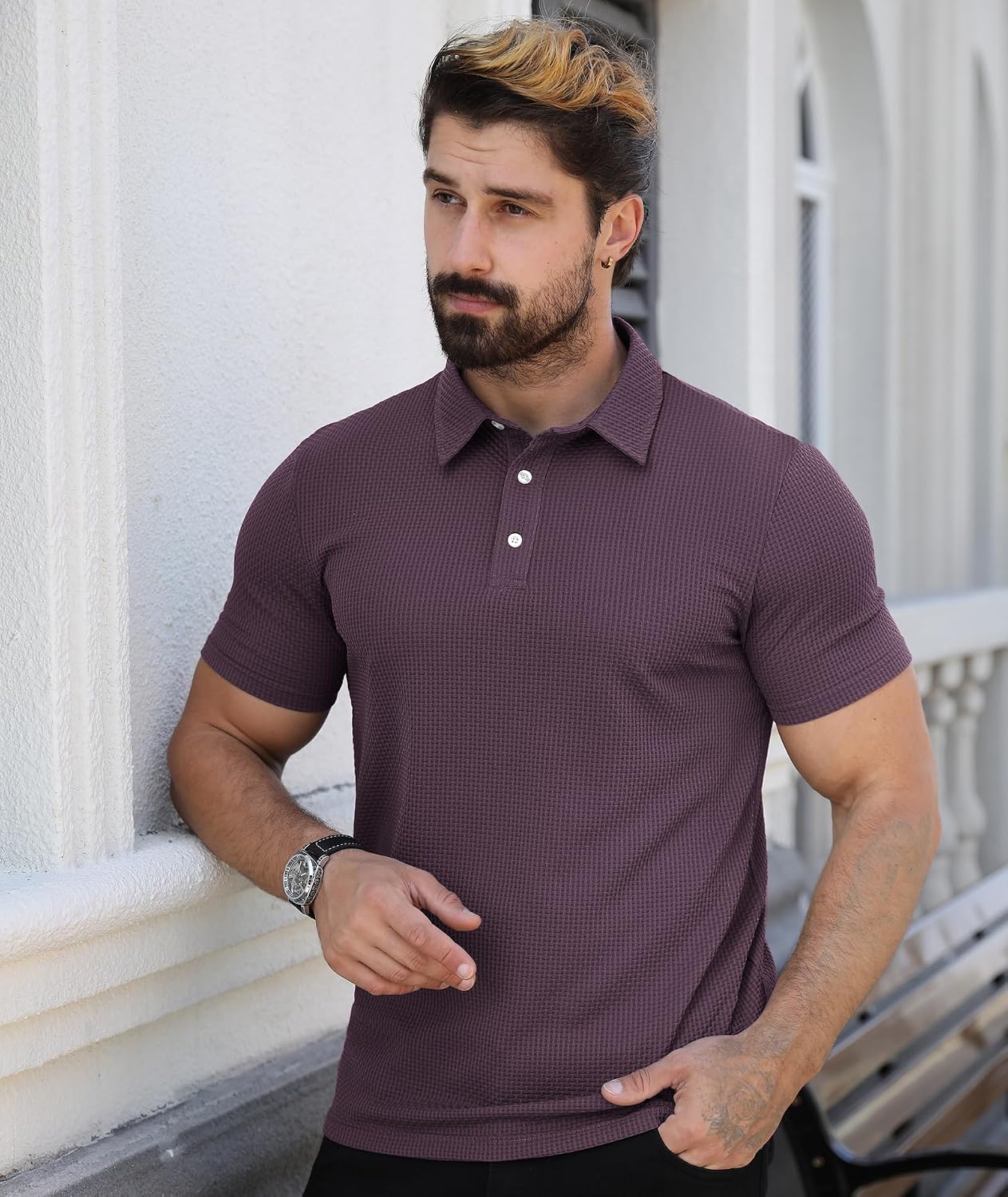 V VALANCH Mens Texture Polo Shirts Short Sleeve Lightweight Cool Dry Business Casual Golf Polo Collared Shirt