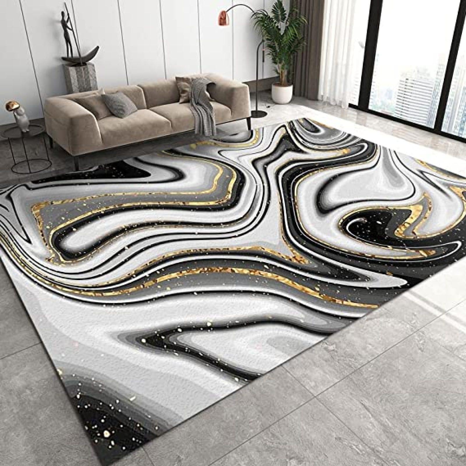 Modern Black and White Swirl Marble Texture Area Rug, Abstract Irregular Gilt Art Indoor Non-Slip Kids Rugs, Machine Washable Breathable Durable Carpet for Living Dining Dorm Room Bedroom - 2' x 6'