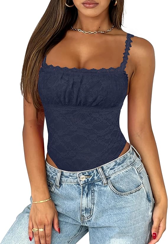 Saslax Women's Sexy Square Neck Lace Sleeveless Bodysuit Tank Tops Double Lined Body Suit Thong Outfits