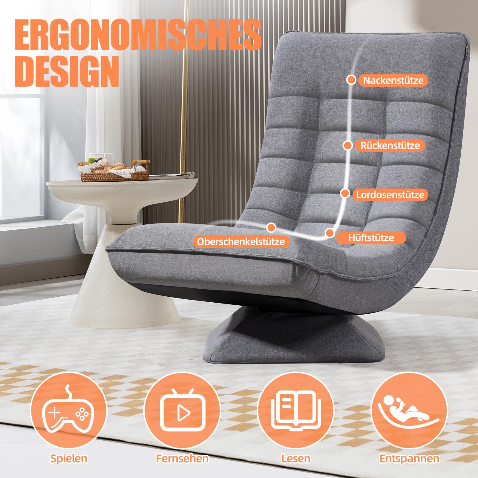 Sessel Wohnzimmer Bodenstuhl 360° Drehbar, Bodensessel mit Verstellbarer Rückenlehne, Bodensofa Klappbar, Lazy Sofa, Gaming Relaxsessel, 60x105x87cm, 150kg Belastbarkeit, Grau