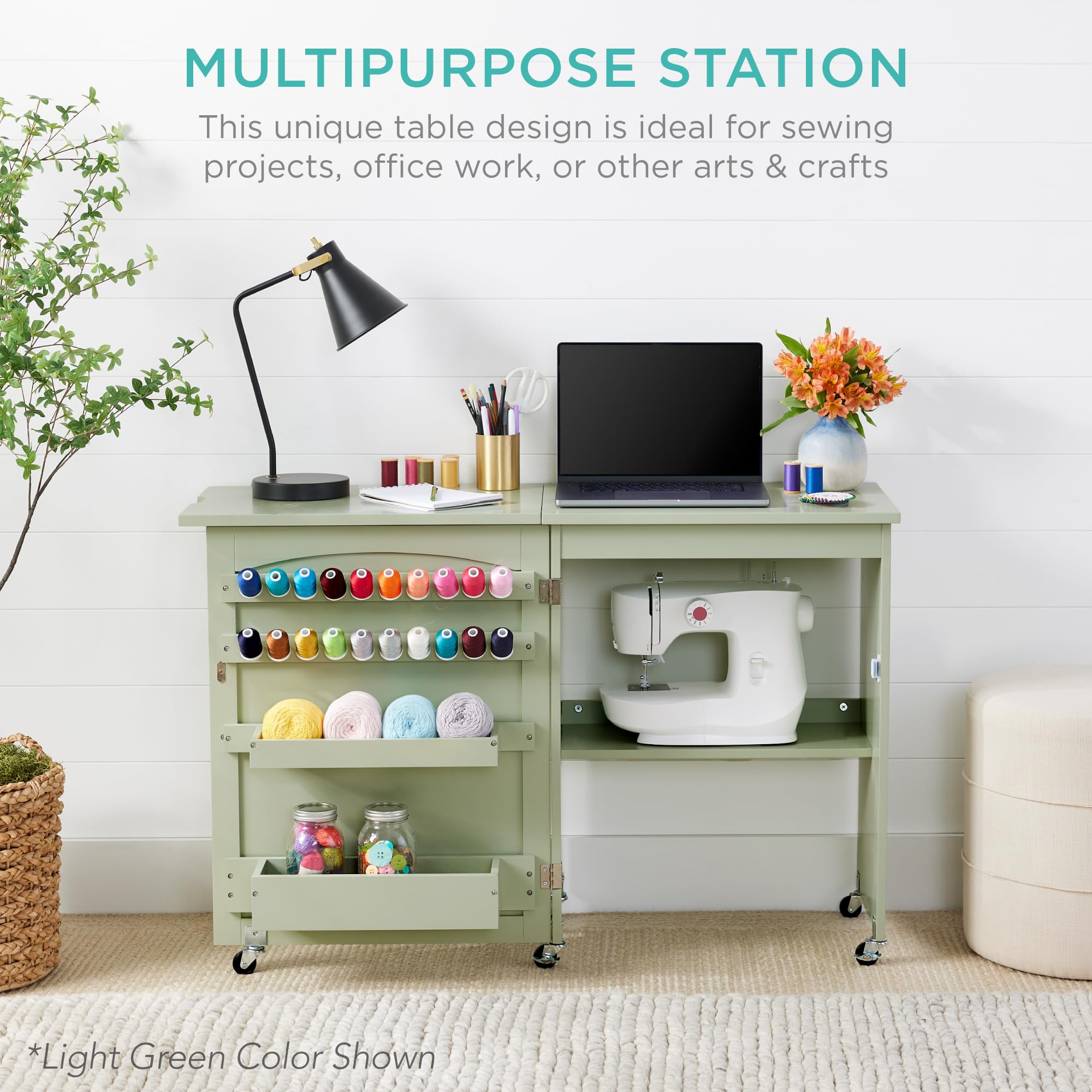 Best Choice Products Mesa de costura plegable multiusos para manualidades y escritorio lateral con diseño compacto, ruedas, estantes, bandejas de almacenamiento, clavijas, puertas magnéticas, pomos de