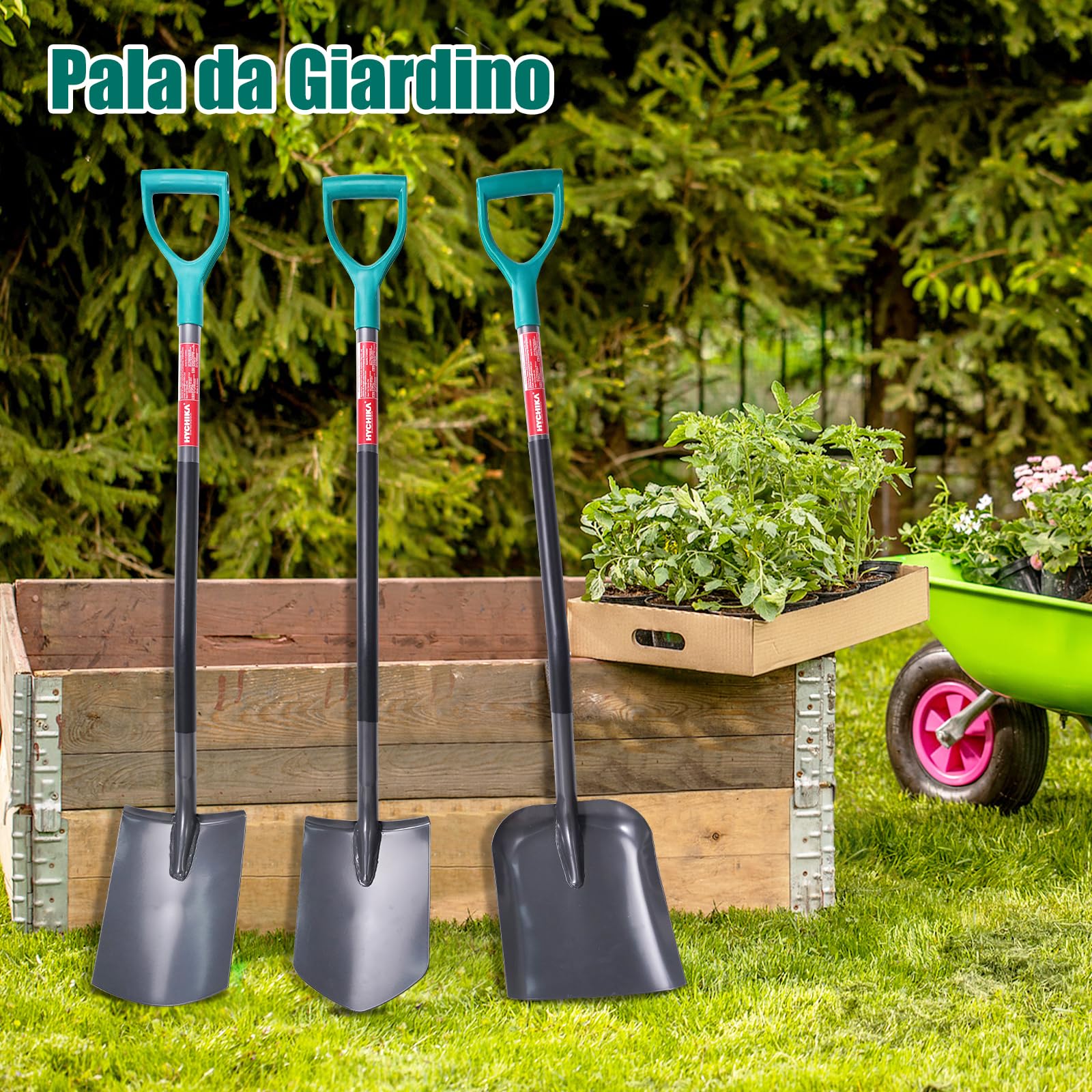 HYCHIKA Pala da Giardino Picco, Vanga da Giardinaggi, Pala da Scavo, Acciaio Temprato di Alta Qualità, Manico Ergonomico Impugnatura a D, per Piante, Agricola, Diserbo, Spalatura Neve