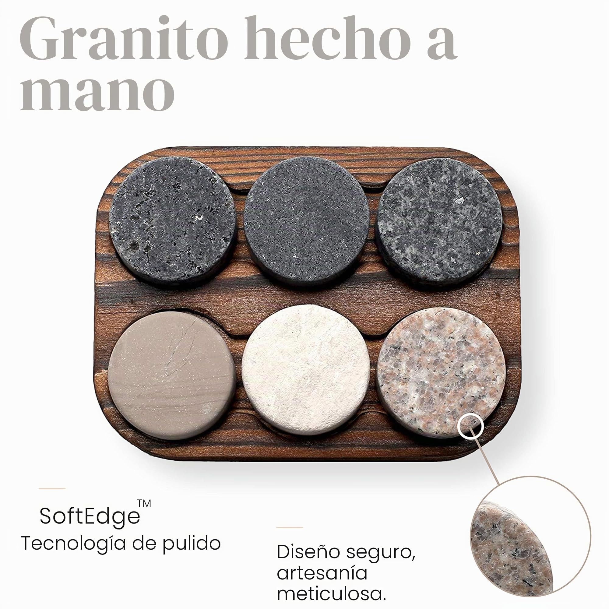Piedras Refrigerantes para Whisky - Set de 6 Piedras Redondas de Granito Premium Hechas a Mano – Presentadas en una Bandeja de Madera de Roble – Perfecto como Regalo De R.O.C.K.S.