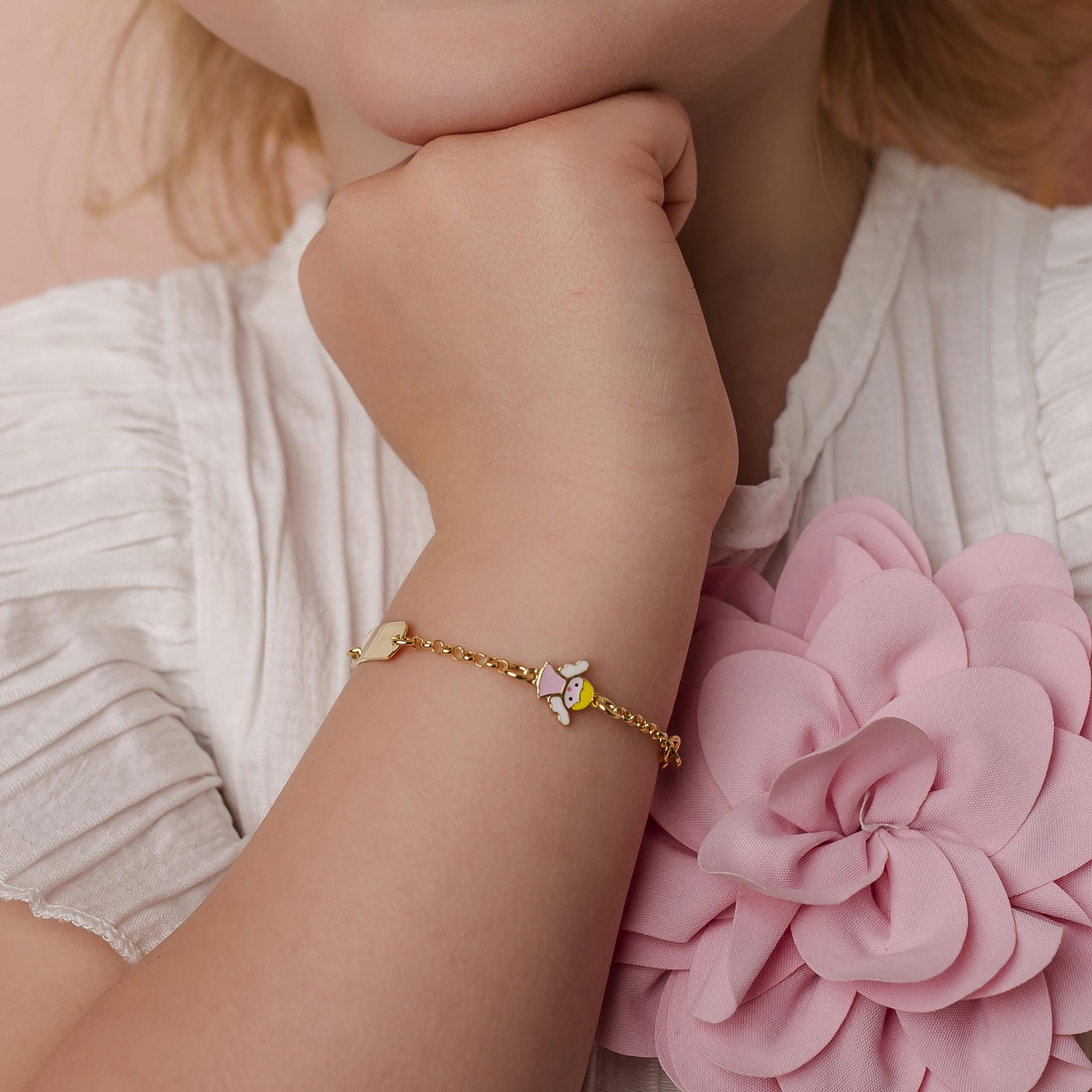 Bracelet en Argent 925 pour Fille avec Plaque Personnalisable avec Prénom et Petit Ange Émaillé Kids Collection + Coffret Cadeau Personnalisé – Bracelet pour Naissance, Communion ou Baptême