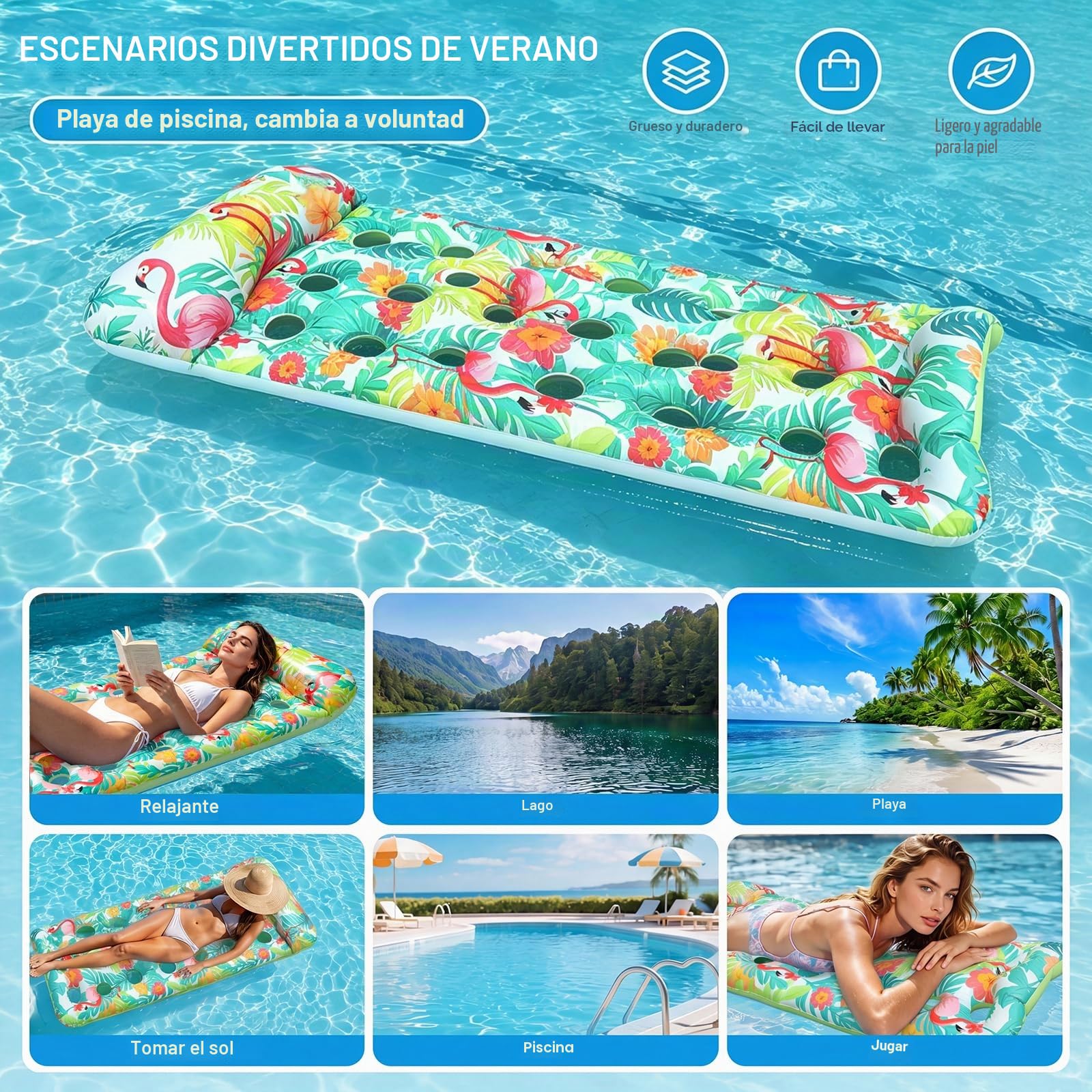 Colchón Hinchable de Playa con Agujeros, Flotador Piscina, Colchón Inflable para Piscina con Estructura de Malla, Flotadores Adultos Adecuado para Playas y Piscinas