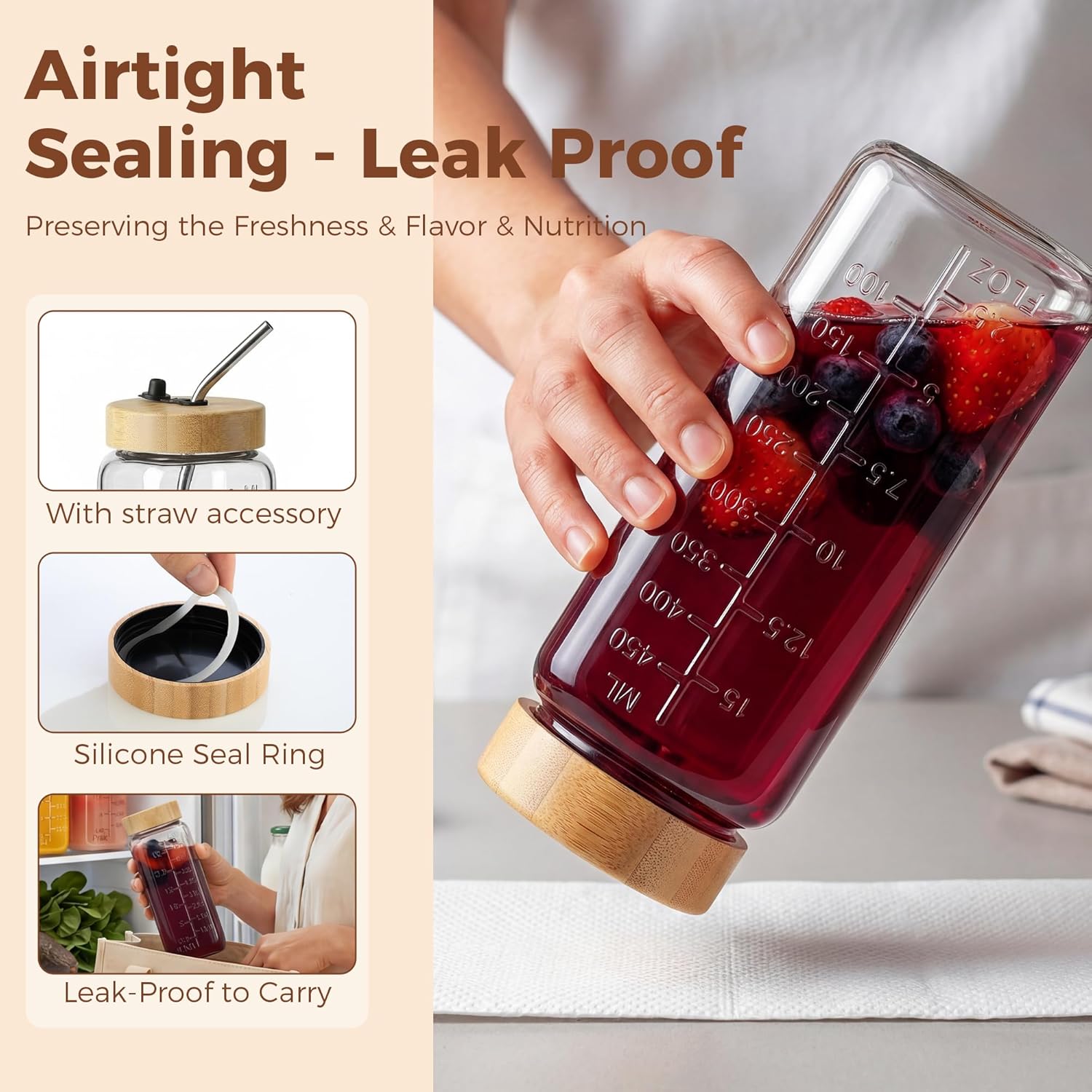 16oz Square Glass Juice Bottles with Lids, 6 Pack Reusable Juice Containers with Bamboo Lids, Glass Juicing jars with 4 Straws & 2 Airtight Lid with Hole for Drinking - Image 3