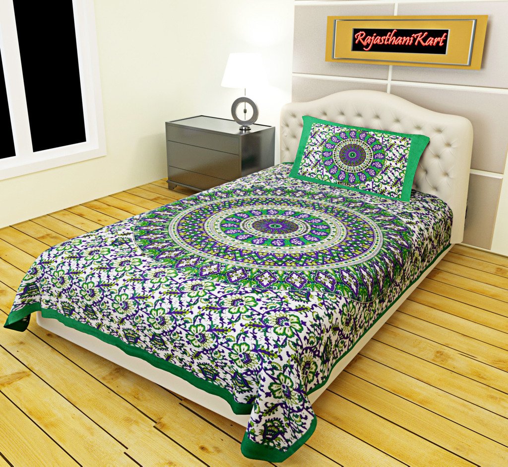 Rajasthani Jaipuri Bedsheet - Green Cotton -1