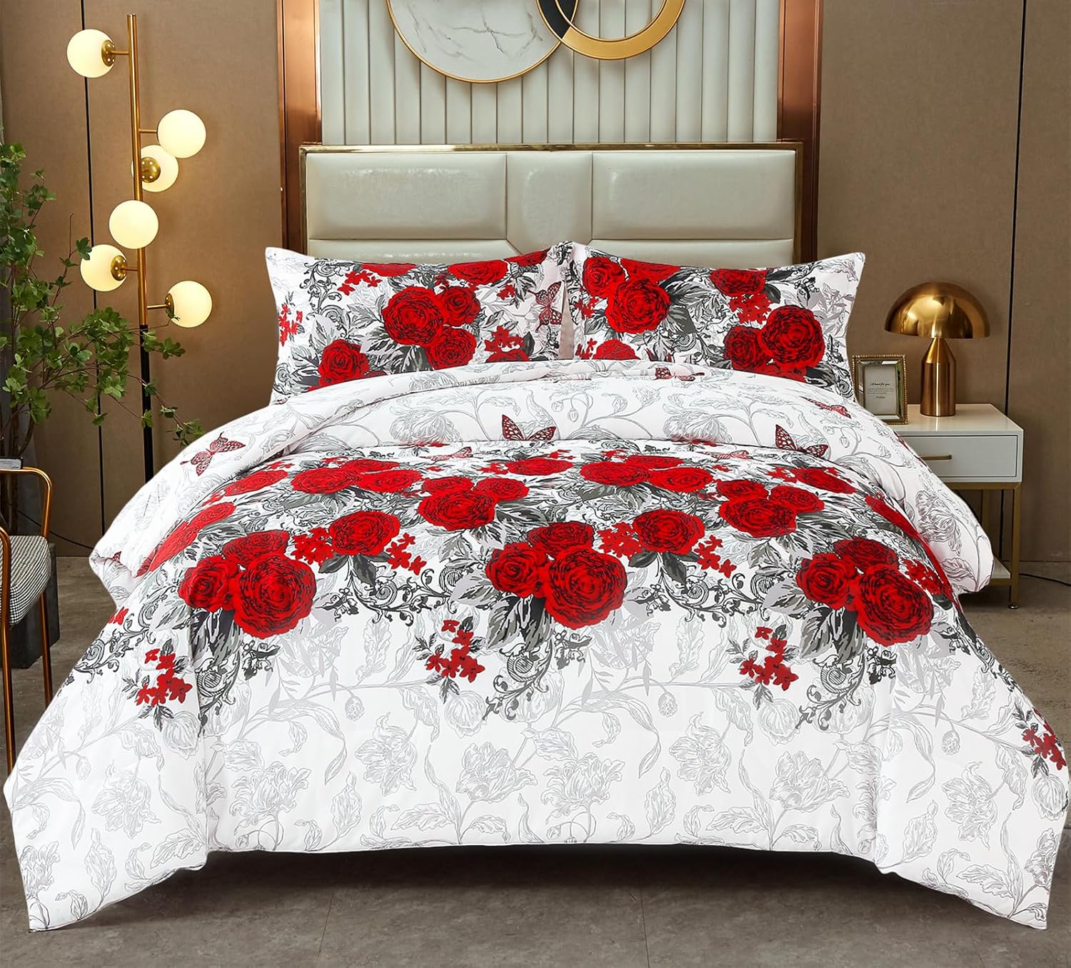 Yiran 3 Pieces Red Rose Floral Comforter Set with 2