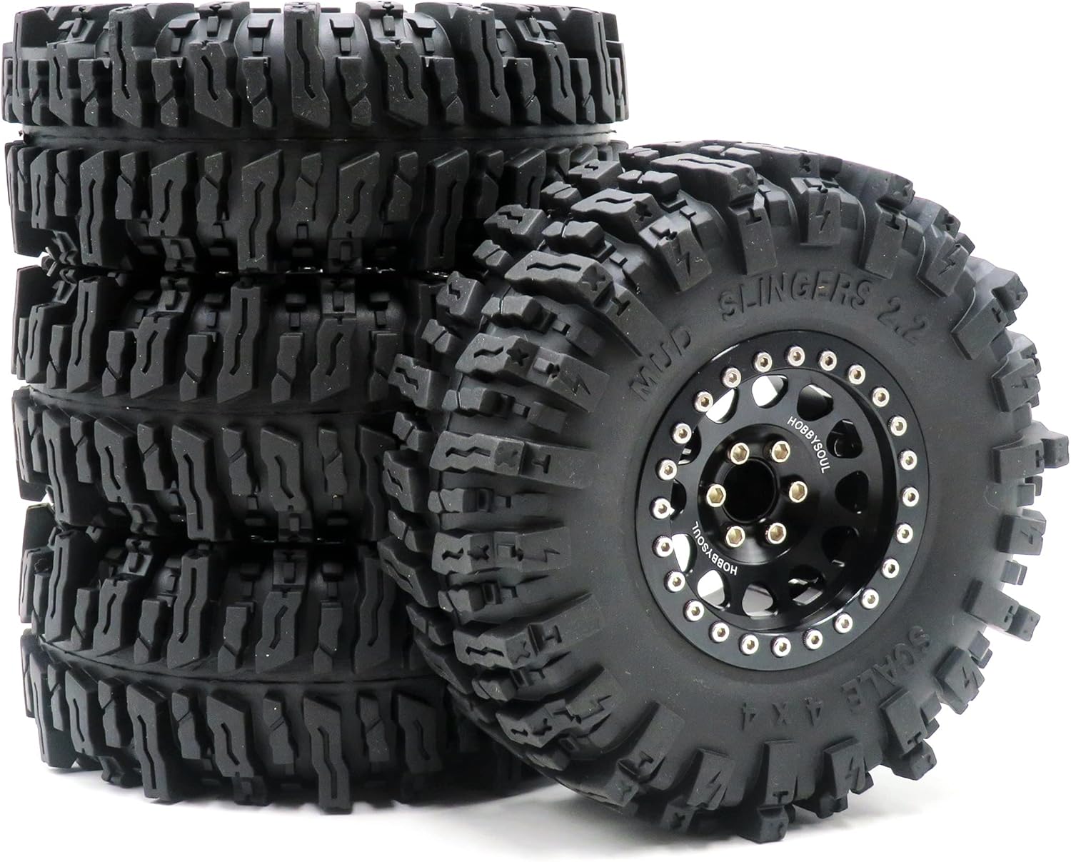 HOBBYSOUL RC Crawler 2.2 Beadlock Wheels and Tires 124mm Tall Soft Sticky Mud Slingers Tyres & Aluminium Rims Hex 12mm for 1/10 TRX4 SCX10 GEN8 Upgrades, HS700652