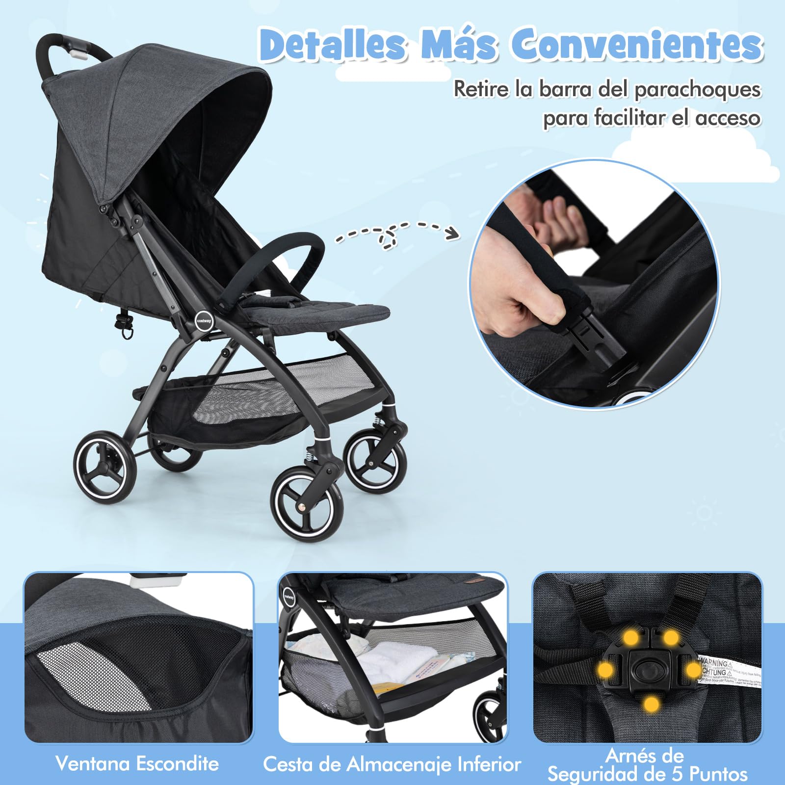 COSTWAY Silla de Paseo Ligera, Carrito Bebe Plegable con Respaldo Ajustable, Capota y Arnés de 5 Puntos, Cesta de Almacenamiento, Plegado con Una Mano, para Bebés de 0 a 36 Meses (Gris)