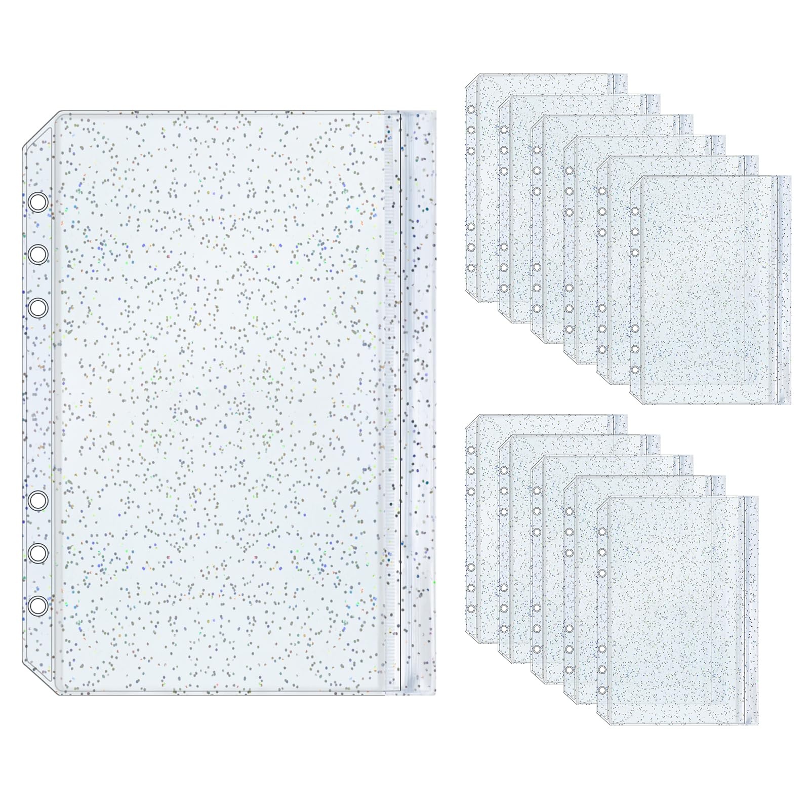 12pcs A5 Binder Pockets Cash Stuffing Envelopes Clear Glitter PVC 6 Hole Flat Sealing Double Pocket Zipper Pouches for 6 Ring Binder Planner (A5)