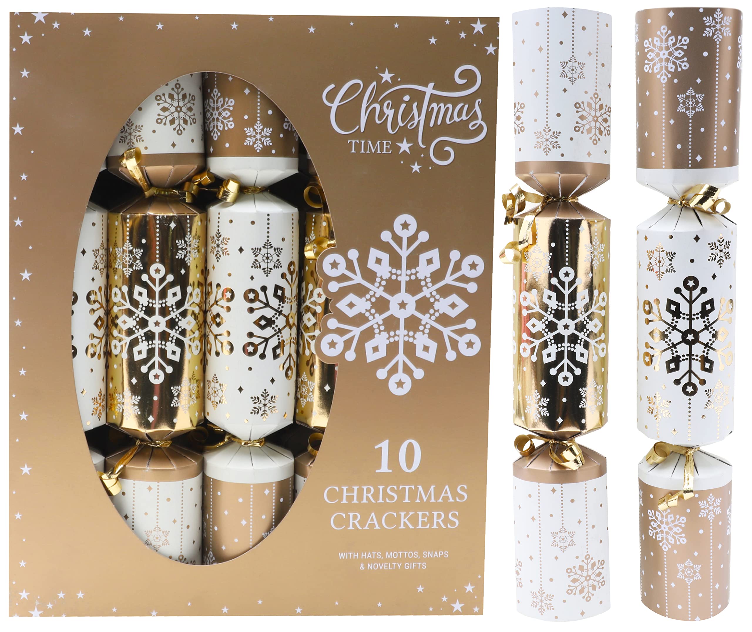 Toyland Gold/Cream Toyland® 10 Deluxe And Christmas Crackers – Hats, Mottos, Snaps & Novelty Gift Included - Table Decorations