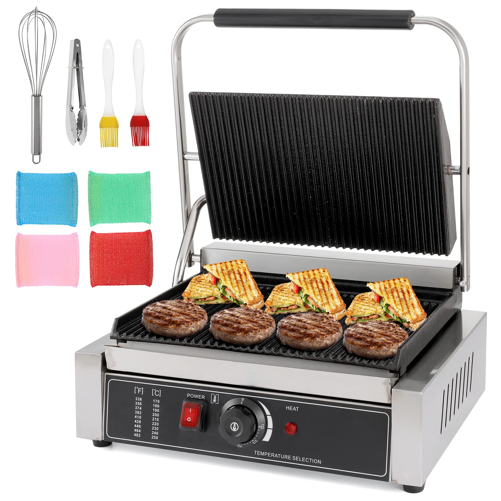 Photo 1 of *parts only* POWLAB Commercial Sandwich Press Grill - 2200W Electric Stainless Steel Sandwich Panini Maker with Non-Stick Surface - Large 17.32''x14.56''x8.26'' Size, for Making Hamburgers, Steaks, and Bacon