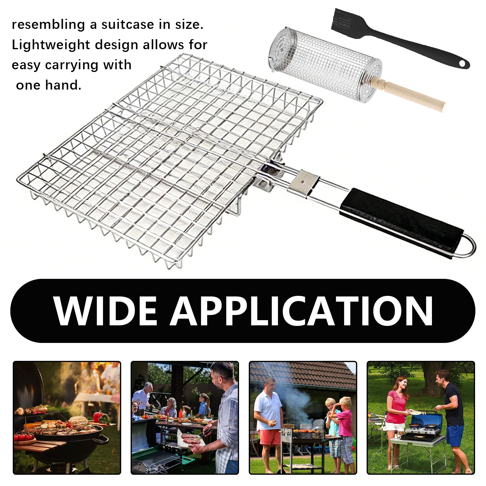 Juego de Cestas para Parrilla, Set de Cesta de Parrilla Rodadiza en Acero Inoxidable Rejilla Barbacoa con Asa Extraíble Accesorios Barbacoa para Verduras y Camarones Hombre Padre