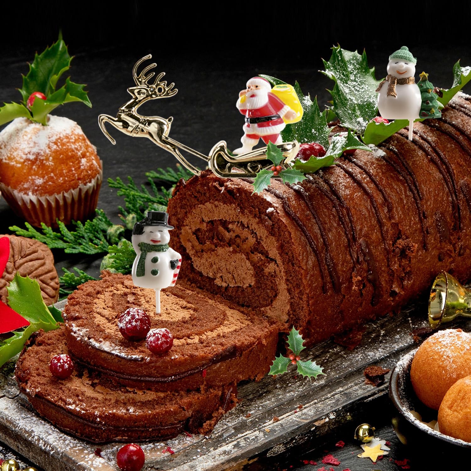 Decorazioni Per Torta Di Natale Yule Log Cupcake Topper 3 Pezzi Oro Argento Rosso Foglia Agrifoglio Set (3 Set Rosso Agrifoglio