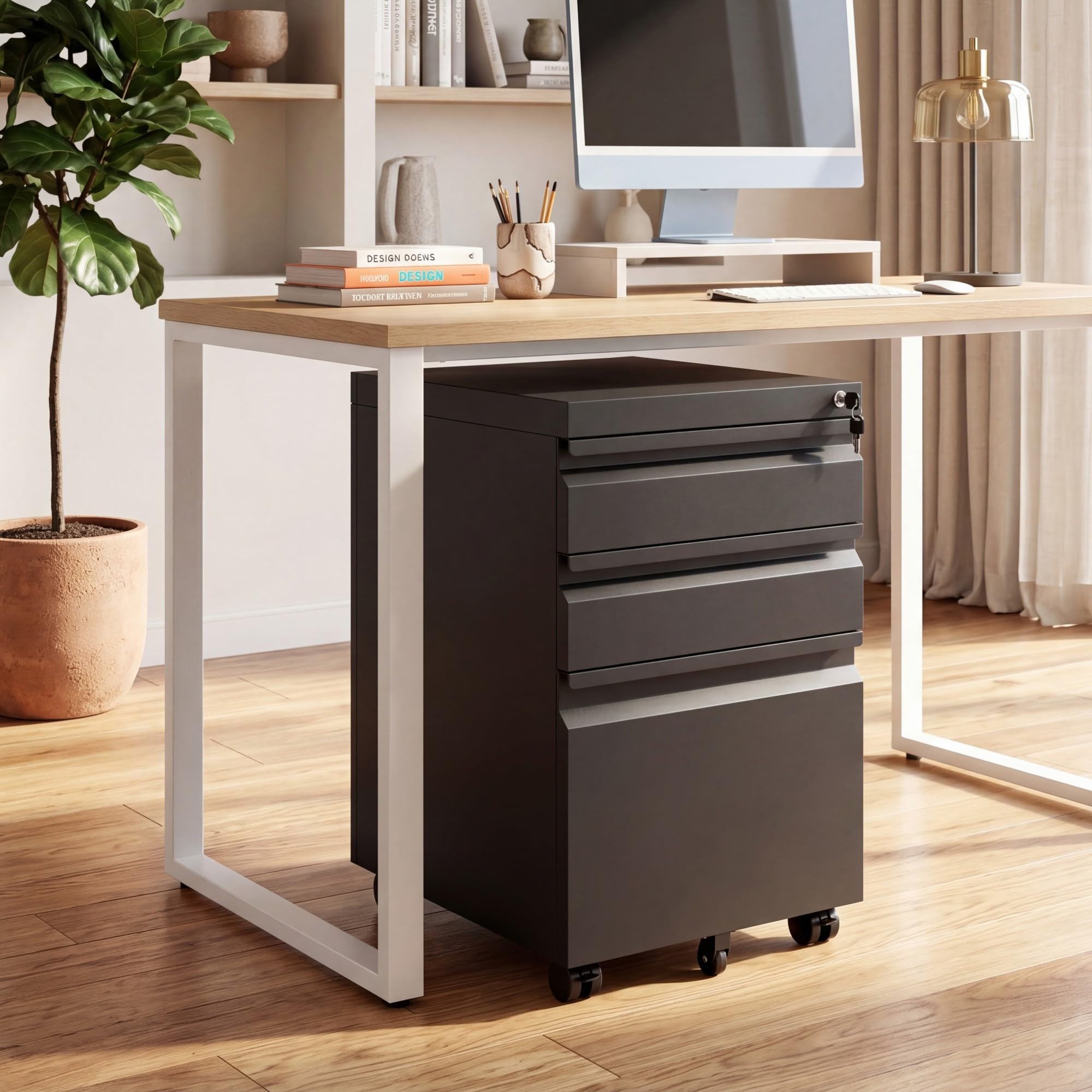 KOMFOTTEU Armario Archivador Móvil con 3 Cajones, Cajonera de Oficina con 5 Ruedas Universales, Cerredura y 2 Llaves, Cómoda Escritorio para Documentos, Soporte Impresora, 44 x 37 x 60 cm (Negro)