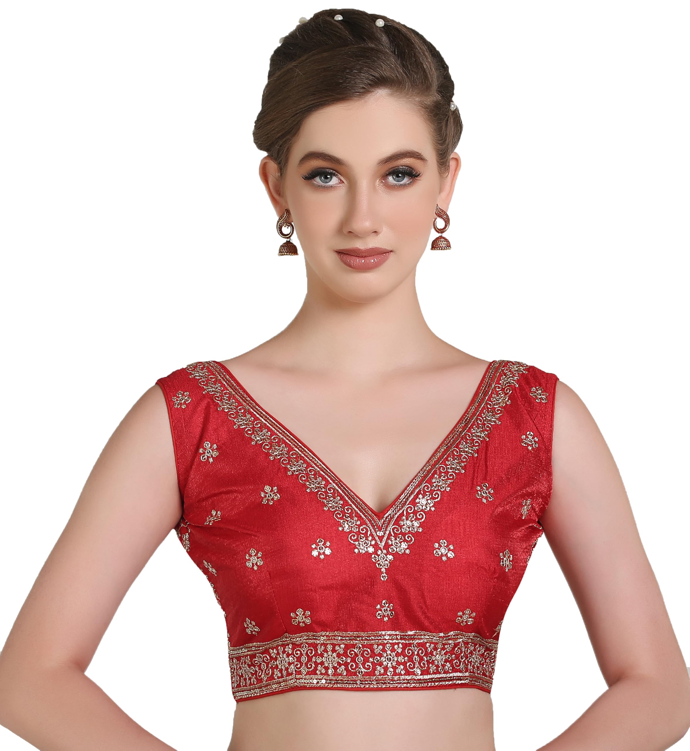 Pujia Mills Women's Indian Ethnic Wear Designer Golden Zari With Embroidery Sequence Work V Neck Sleeveless Readymadeback Side Worked Saree Blouse Readymade Red Blouse Lehenga Choli