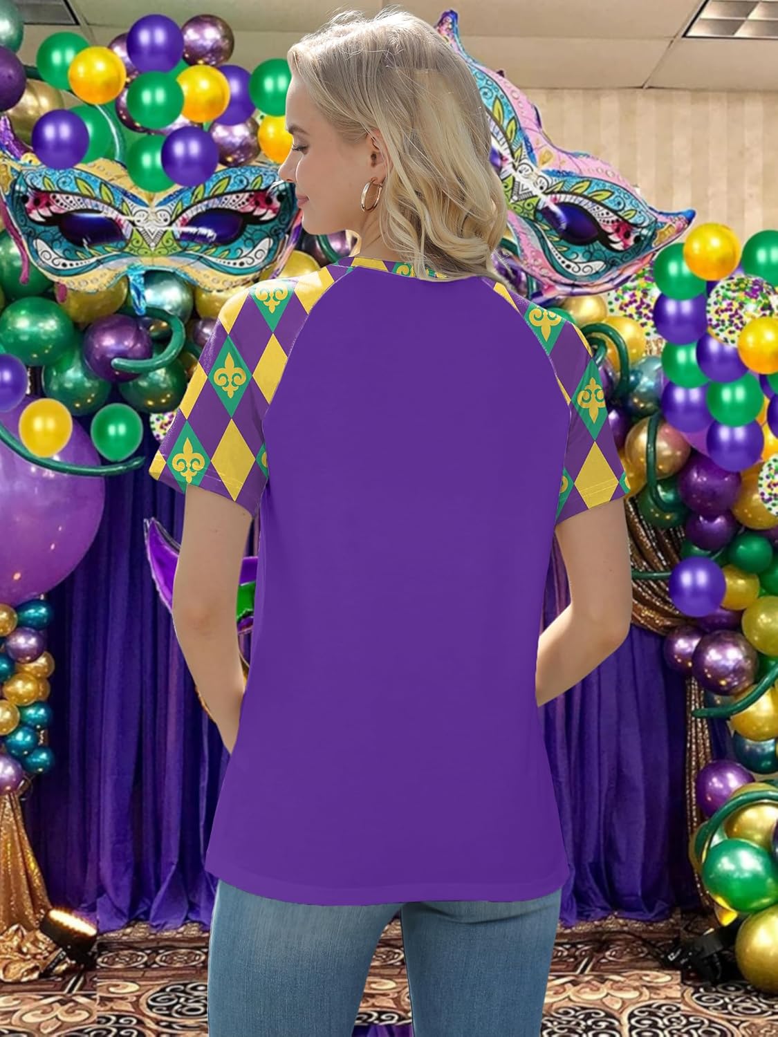 VVNTY Mardi Gras T Shirt for Women: Funny Fat Tuesday Carnival Shirts New Orleans Party V Neck Tee Tshirt - Image 4