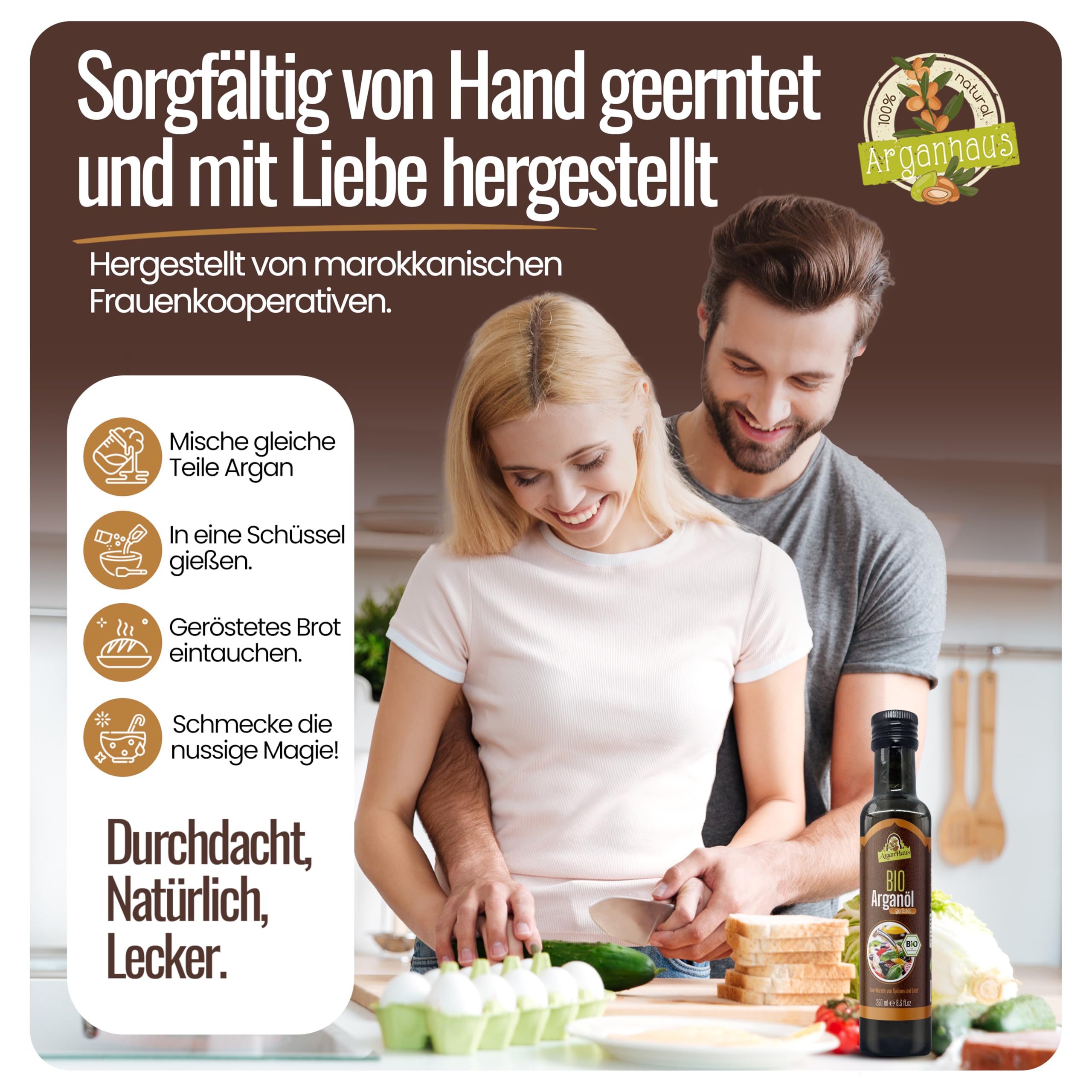 Arganhaus Arganöl für die Küche – 100% reines, geröstetes Arganöl aus Marokko, nussiges Aroma, kaltgepresst, ideal für Salate & Rohkost, nicht erhitzen, Bio-Qualität, natürlich & aromatisch