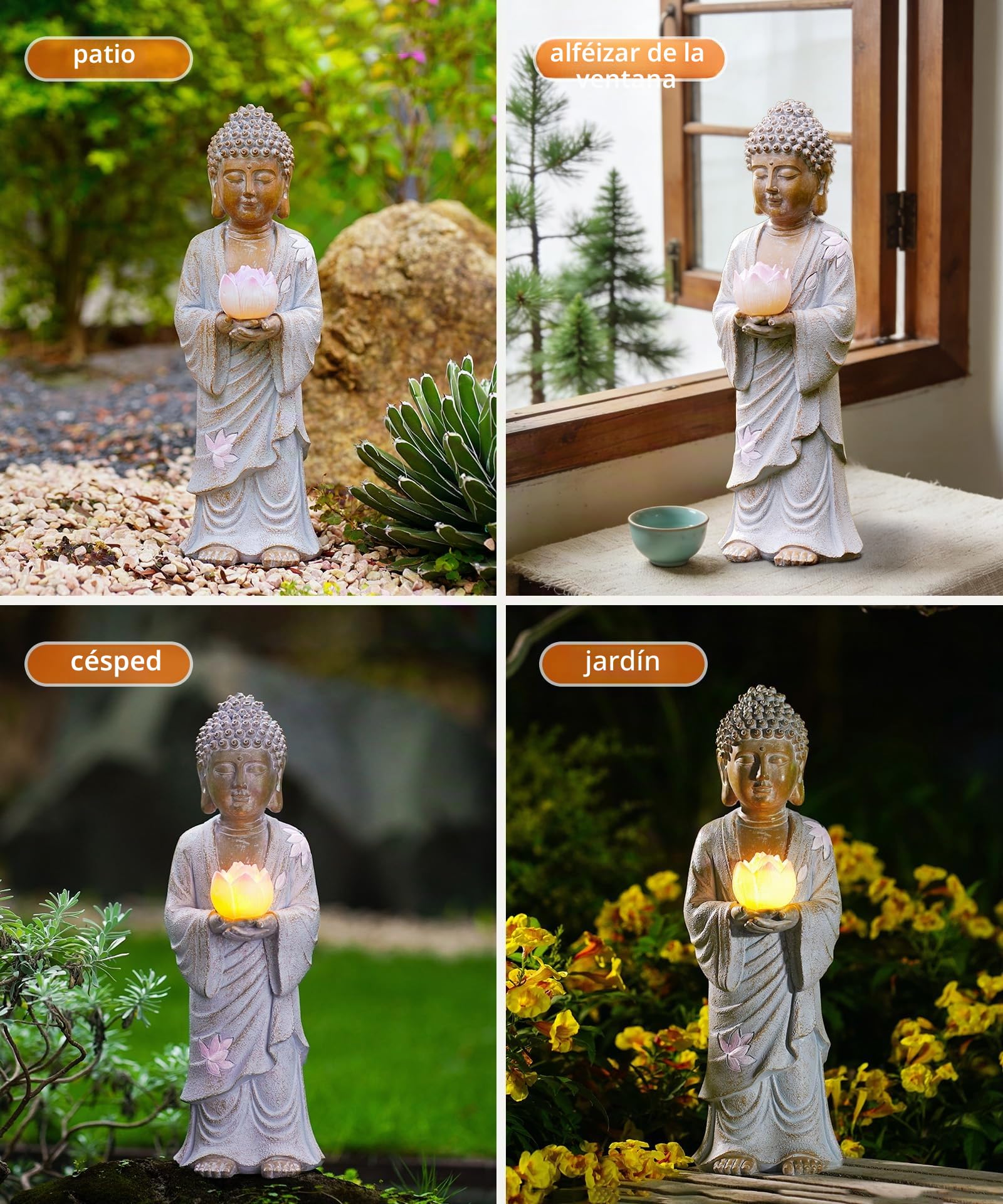 Yeomoo Figura de Buda de pie con LED solar de loto, decoración de jardín, resistente a la intemperie, para jardín, salón, Feng Shui, espiritual, regalo para mujeres, mamá y hombres, 37 cm