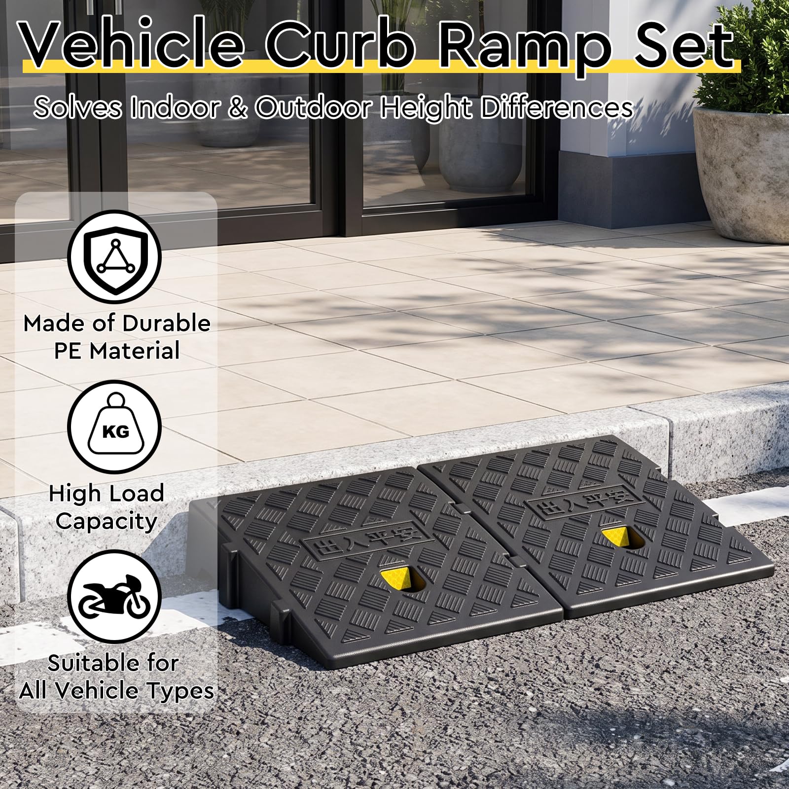 SWAWIS Rampes de Trottoir 2 Pièces 27 x 25 x 13 cm | Rampe de Seuil avec Boulons D'extension Bandes réfléchissantes pour Portes, Marches, Fauteuils Roulants, Motos et Scooters