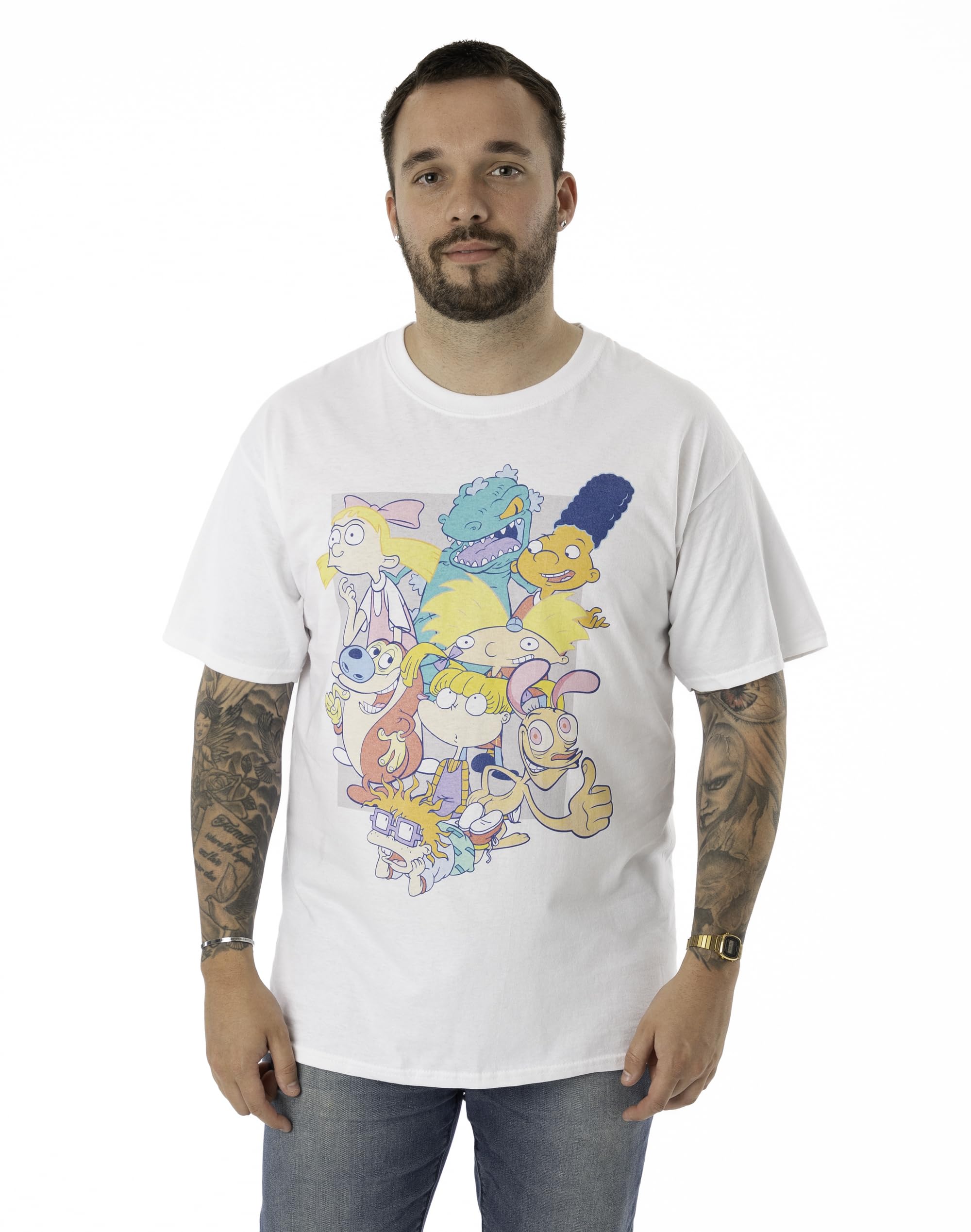 Nickelodeon Men's White Short Sleeve T-Shirt | Adults Classic 90'S Cartoon Short Sleeve Graphic Tee | Iconic Group Character Retro Short-Sleeve Top | Nick Nostalgic Merchandise Gift For Him