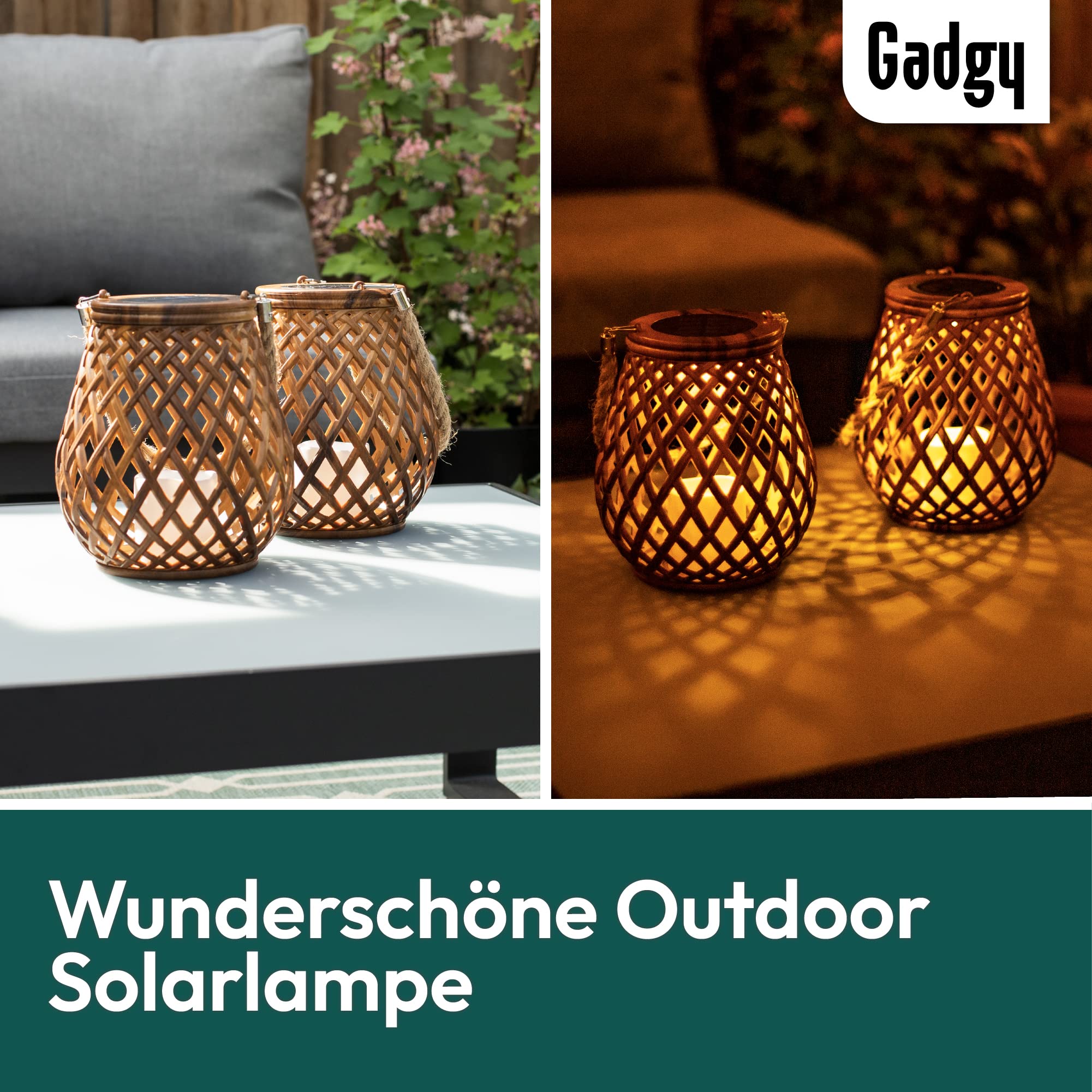 Gadgy Solarlampen für Außen 2er Set Rattan-Optik Wasserdichte Gartenlaternen LED Solarleuchten