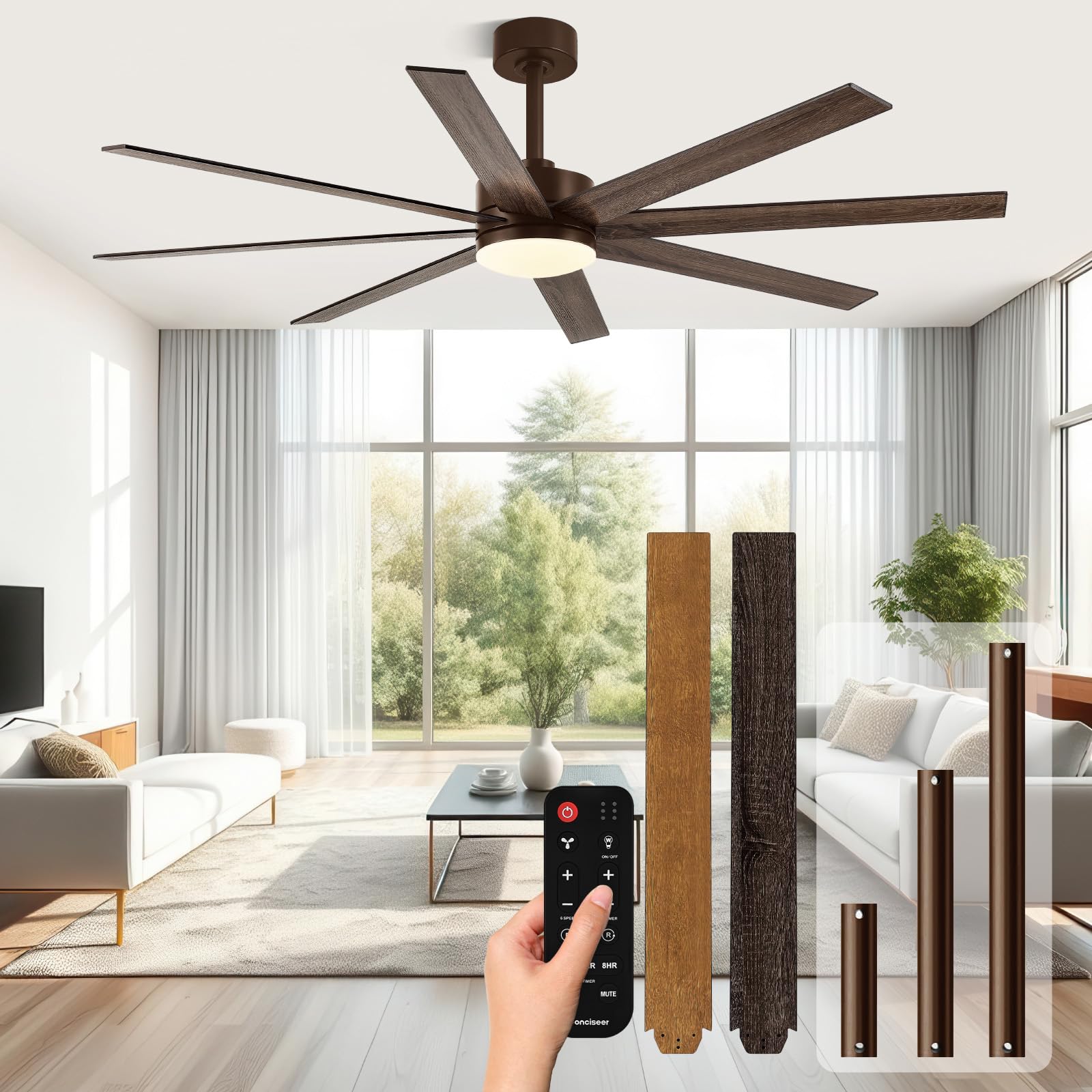 72 Inch Ceiling Fans with Lights Remote Control Dual-Color 8 Blades 24W 3CCT 6-Speed Reversible Quiet DC Motor
