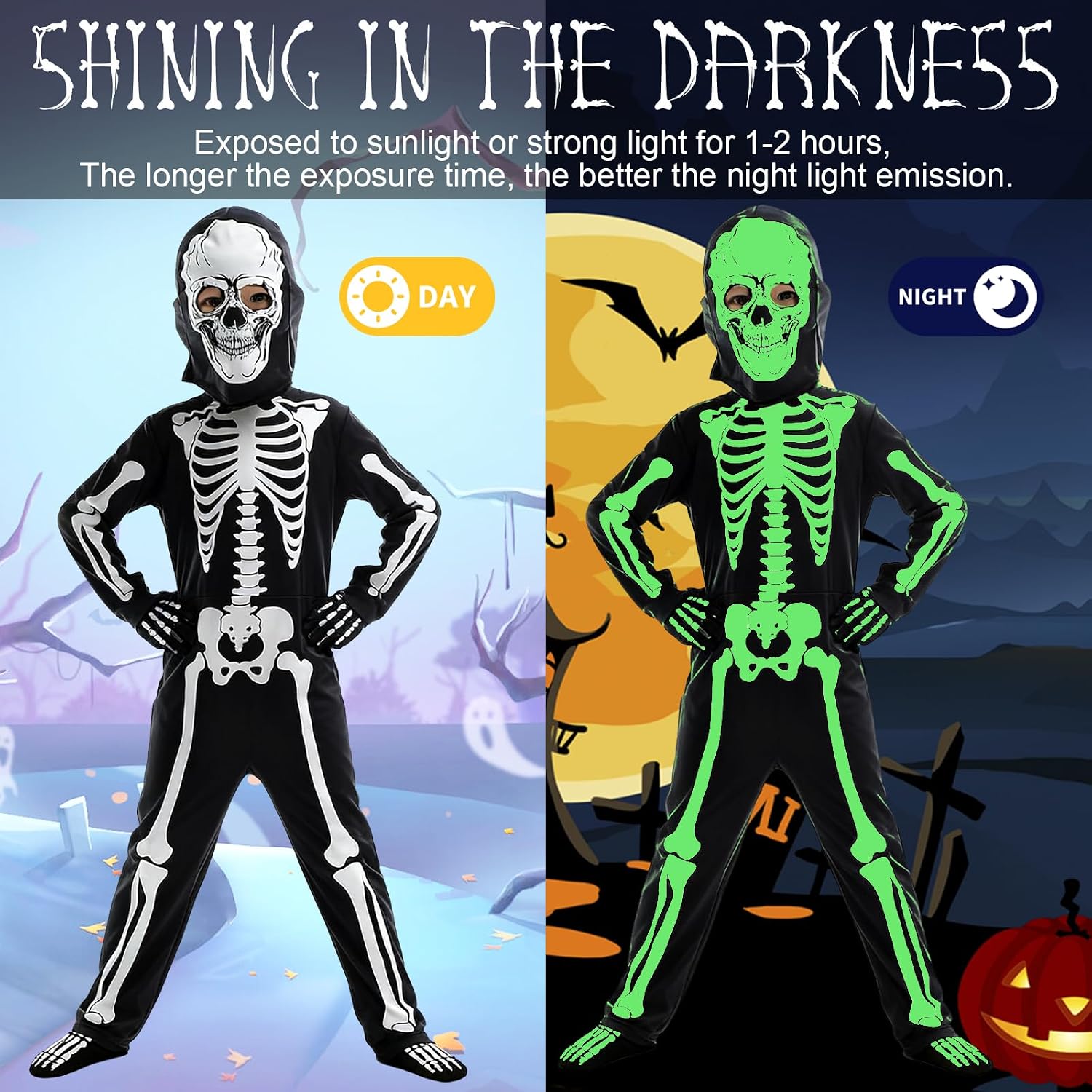 Halloween Skeleton Costume Kids: Glow in The Dark Skeleton Onesie for Boys Girls