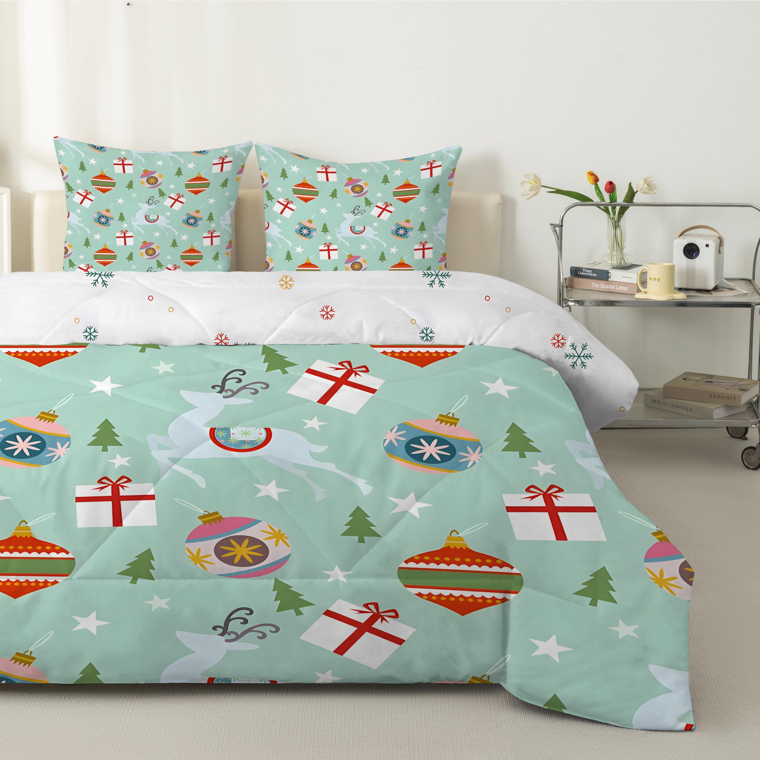 Couette 140x200 Enfant Renne Lumineux, Couette Imprimée 4 Saisons pour Lit 1 Personnes - Duvet Réversible et Chaud Sapin de Noël, Édredon sans Housse et 2 Taie d'oreiller 65x65 cm, Campagne