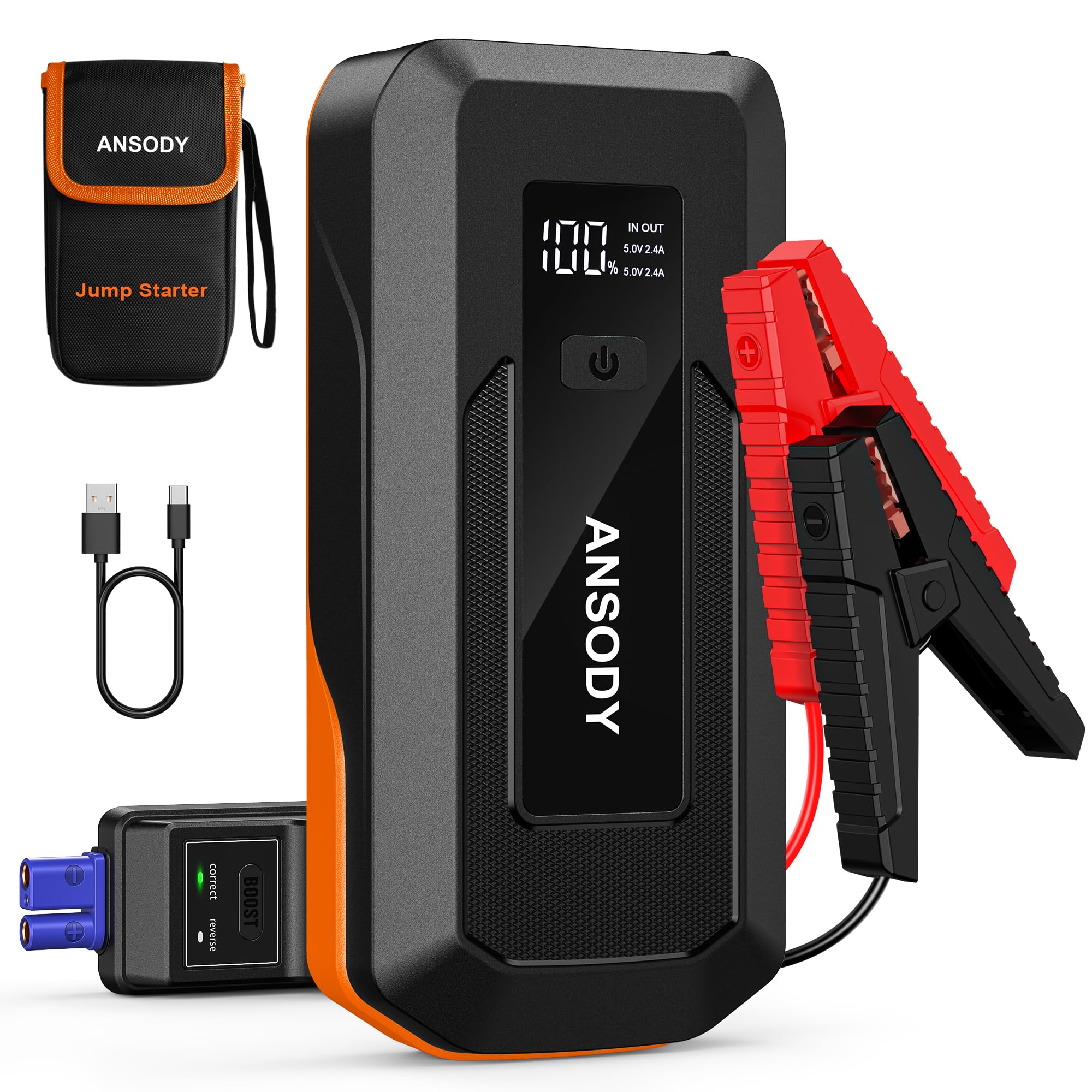 ANSODY Starthilfe Powerbank,3000A Auto Starthilfe Powerbank für 12V PKW Fahrzeuge(Bis zu 10L Benzin/8L Diesel),Starter Powerbank mit LED,Batterie Booster Jump Starter mit Starthilfekabel,Orange