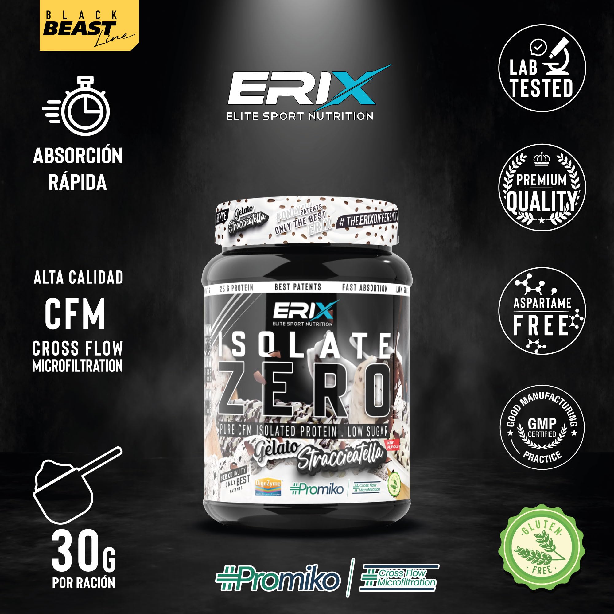 ERIX Nutrición ISO Zero 900g, Proteína Aislada de Suero CFM, Alta Pureza, Sin Azúcares añadidos, Bajo en Grasa y Lactosa, Alimento Deportivo para Rendimiento Muscular (Straciatella)