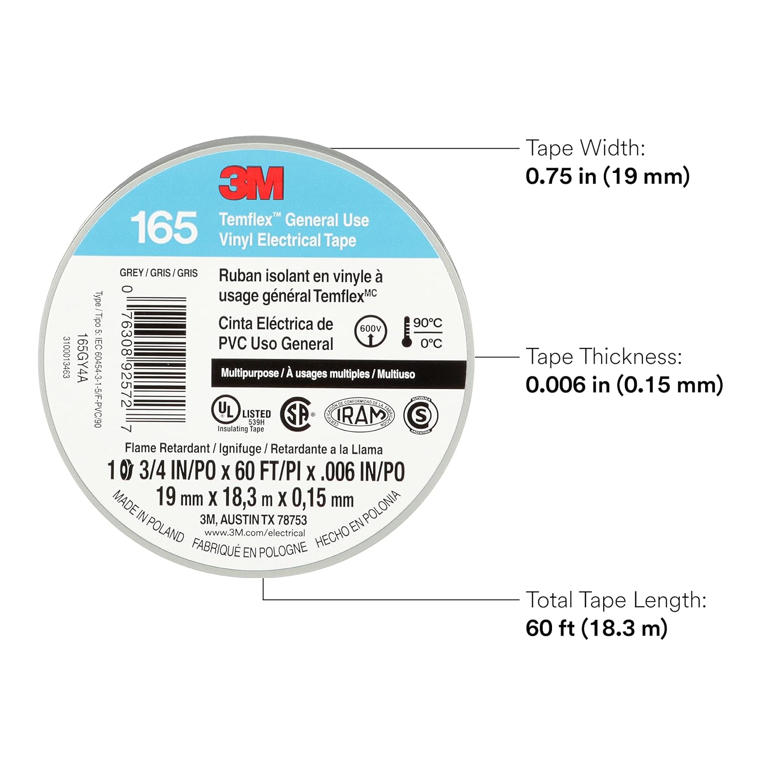 3M Temflex Multi-Purpose Vinyl Electrical Tape 165, Gray, 3/4 in x 60 ft (19 mm x 18 m), 10 Roll Pack