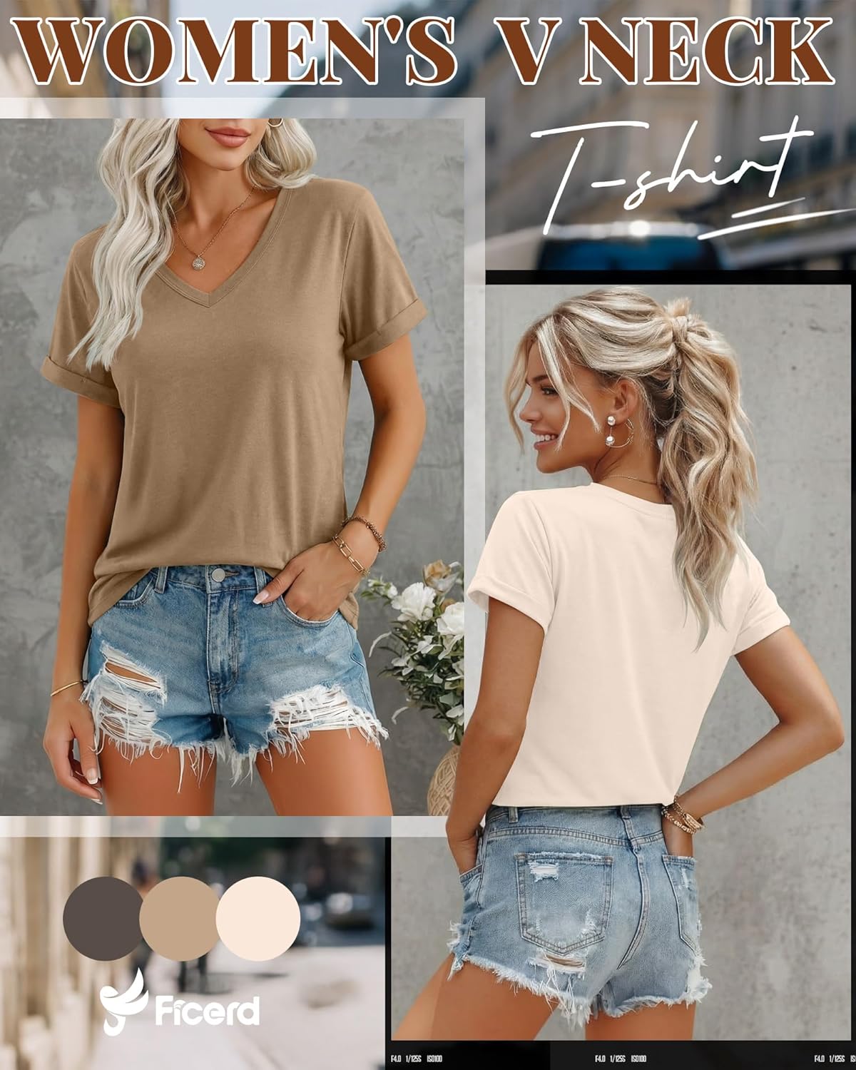 Ficerd 3 Pack Women's V Neck T Shirts, Summer Casual Short Sleeve Tops Loose Fit Rolled Sleeve Tees Trendy Shirts - Image 3
