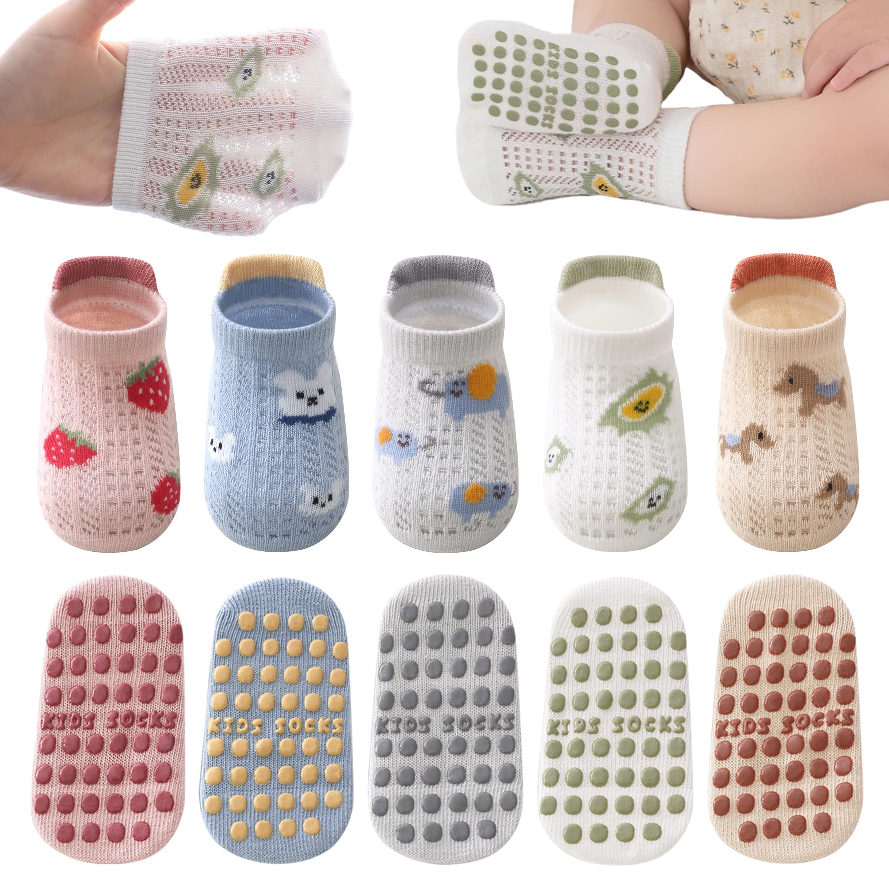 Bebé Antideslizante Tobillo Calcetines con Agarre Algodón Transpirables para Bebés Niños Niñas 5 Par Multicolores — view 8