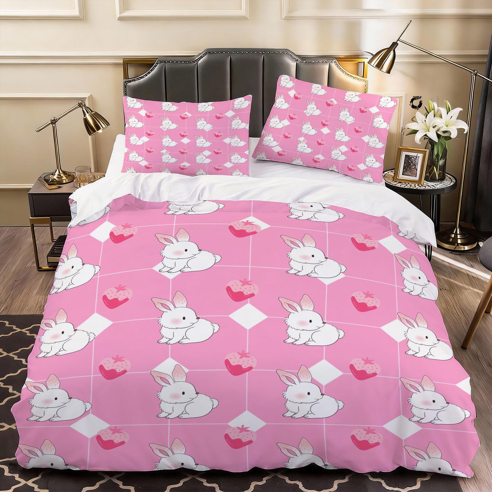 3D Rabbits Print Duvet Cover Gingham Bedding Double Bed Set, Soft Microfiber Comforter Cover Printed with Zipper Closure Quilt Coverr 200x200 cm and 2 Pillowcases